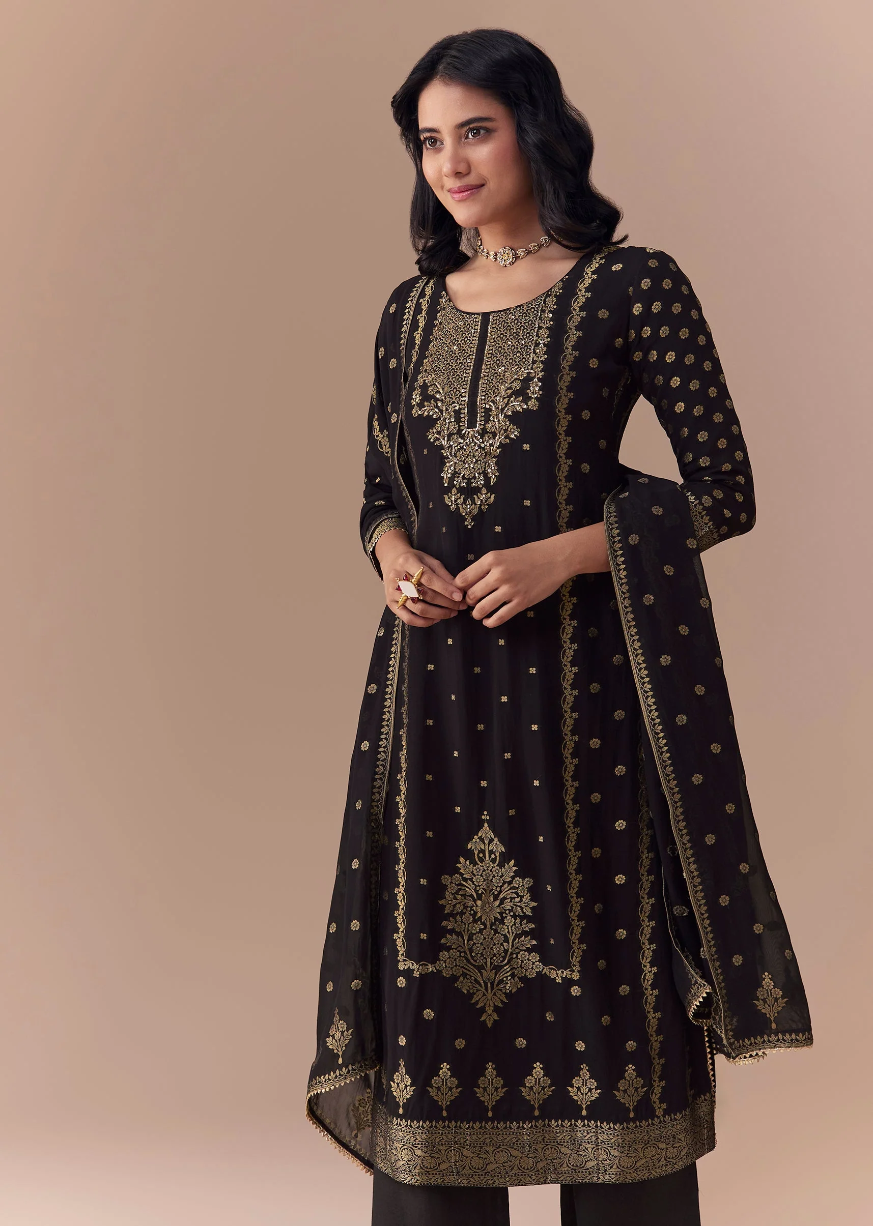 Black Jacquard Woven Gota Work Kurta Palazzo Set - Image 4