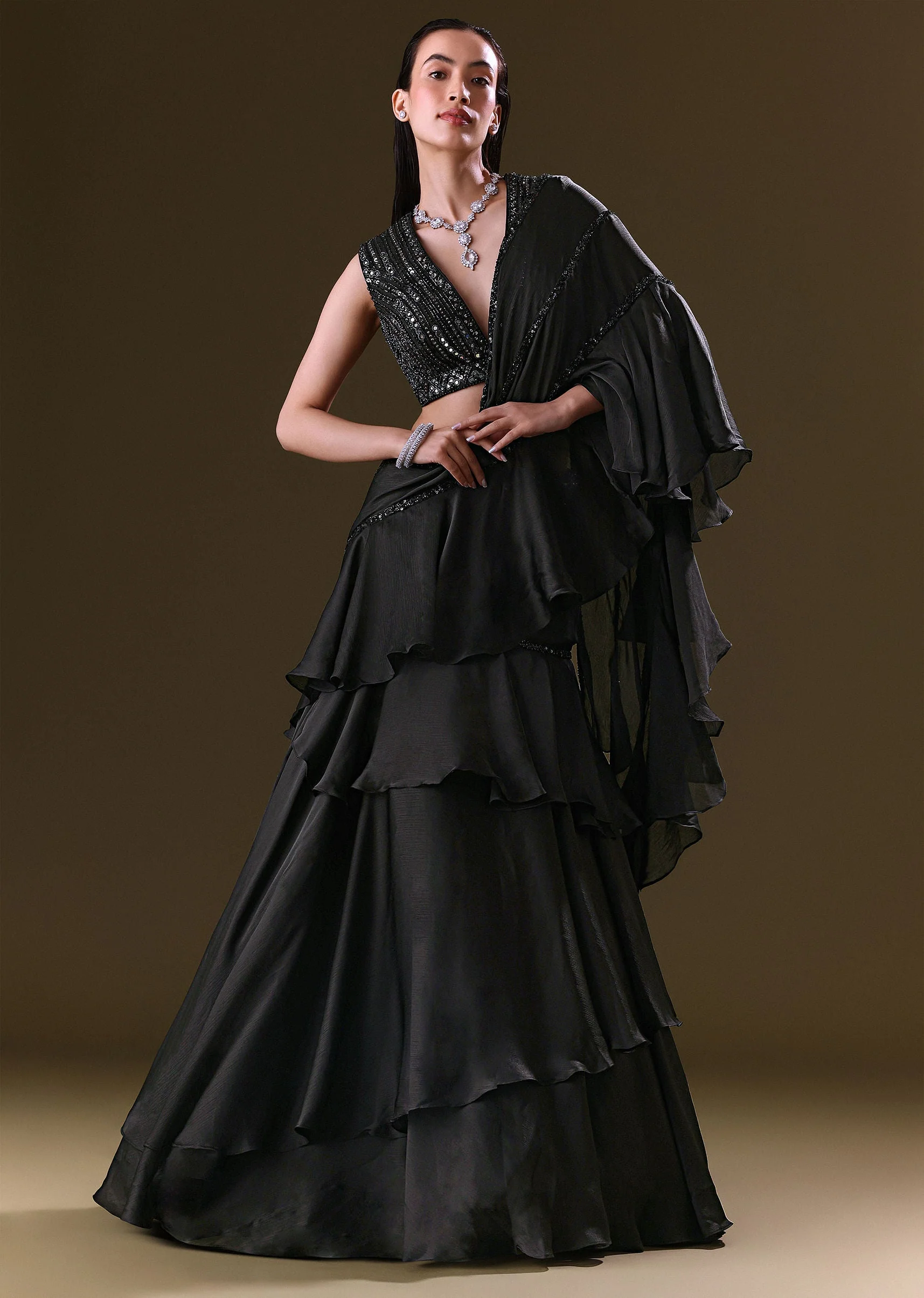 Black Lehenga Choli Set With Attached Dupatta - Image 2
