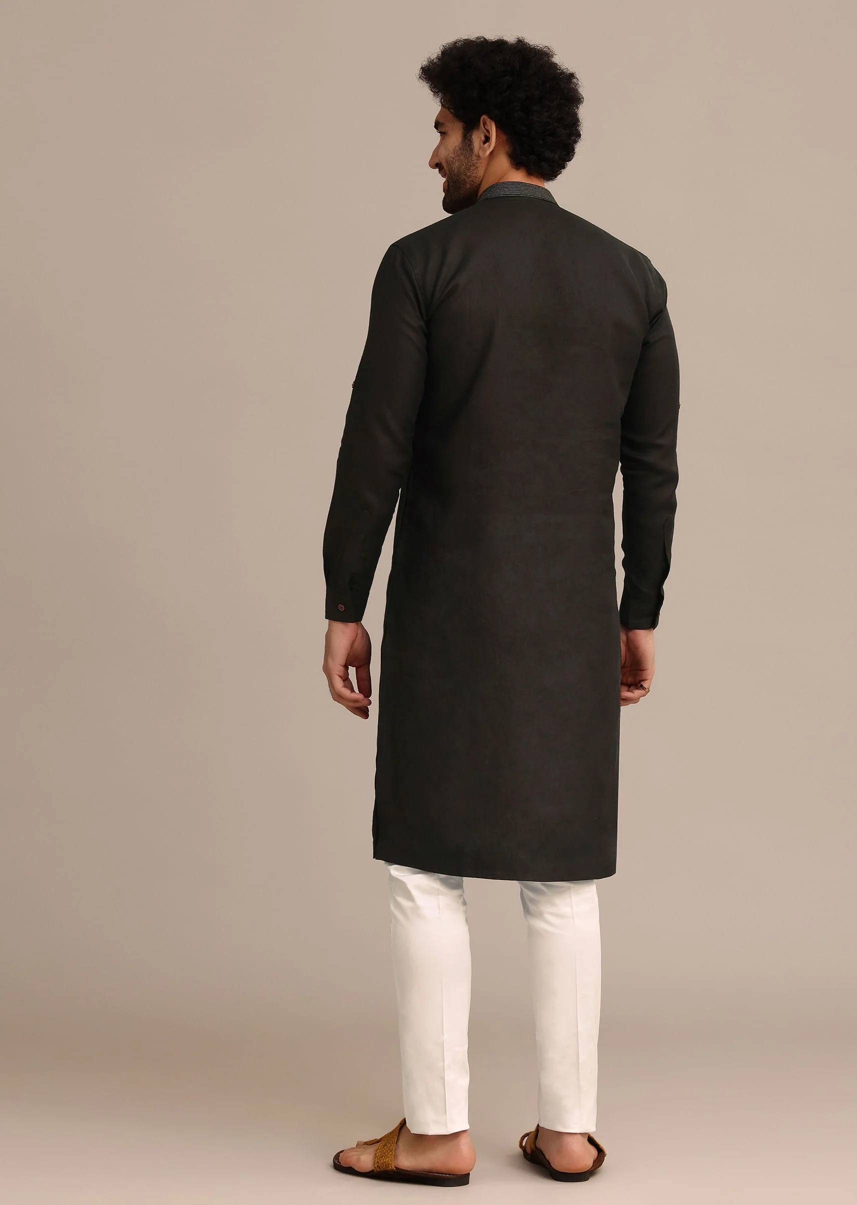 Black Linen Floral Resham Work Kurta Set - Image 5