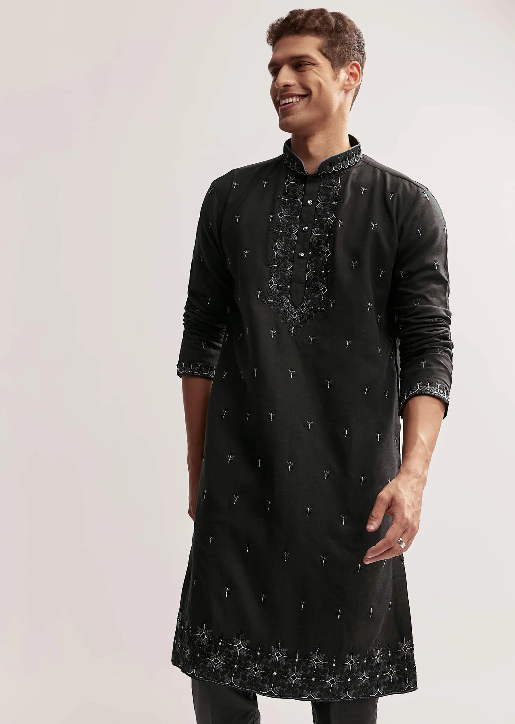 Black Linen Kurta Set For Men With Resham And Moti Work - Image 3