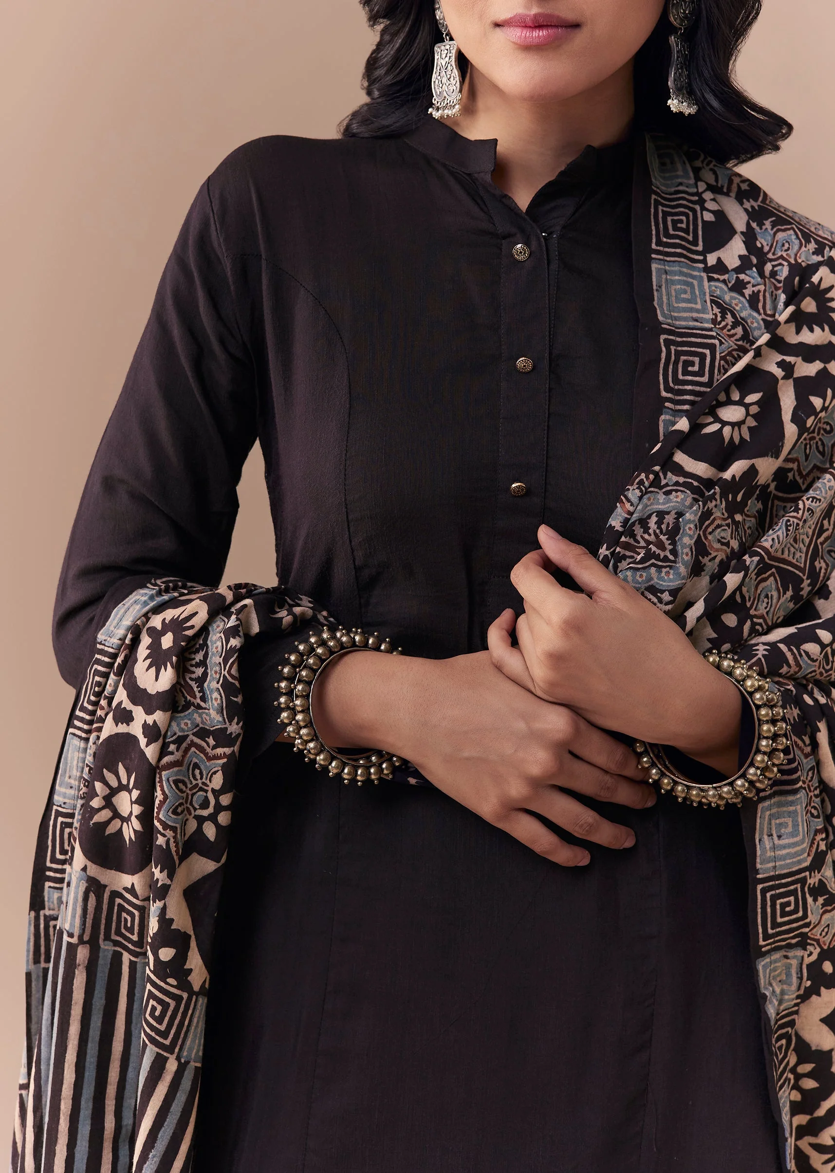 Black Linen Kurta Set with Ajrakh Dupatta - Image 2