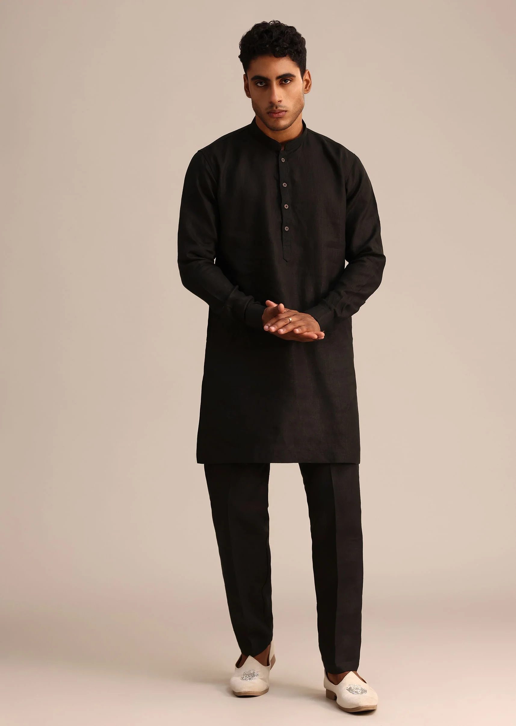 Black Linen Zardosi Embroidered Jacket Kurta Set - Image 5