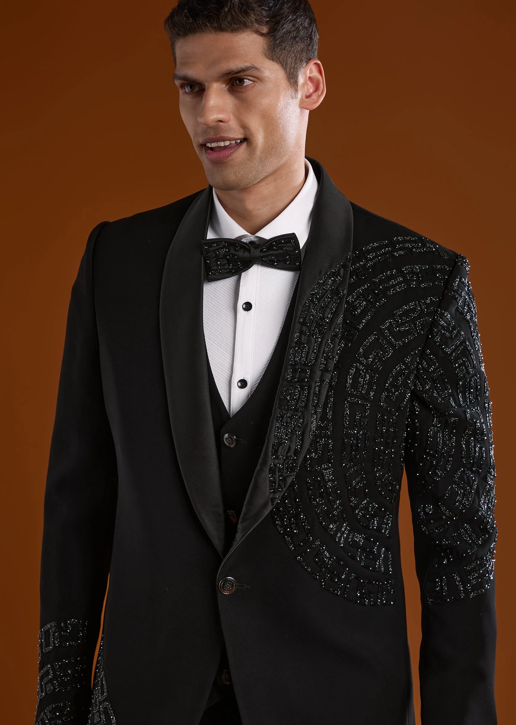 Black Mens Tuxedo With Cut Dana And Diamond Work