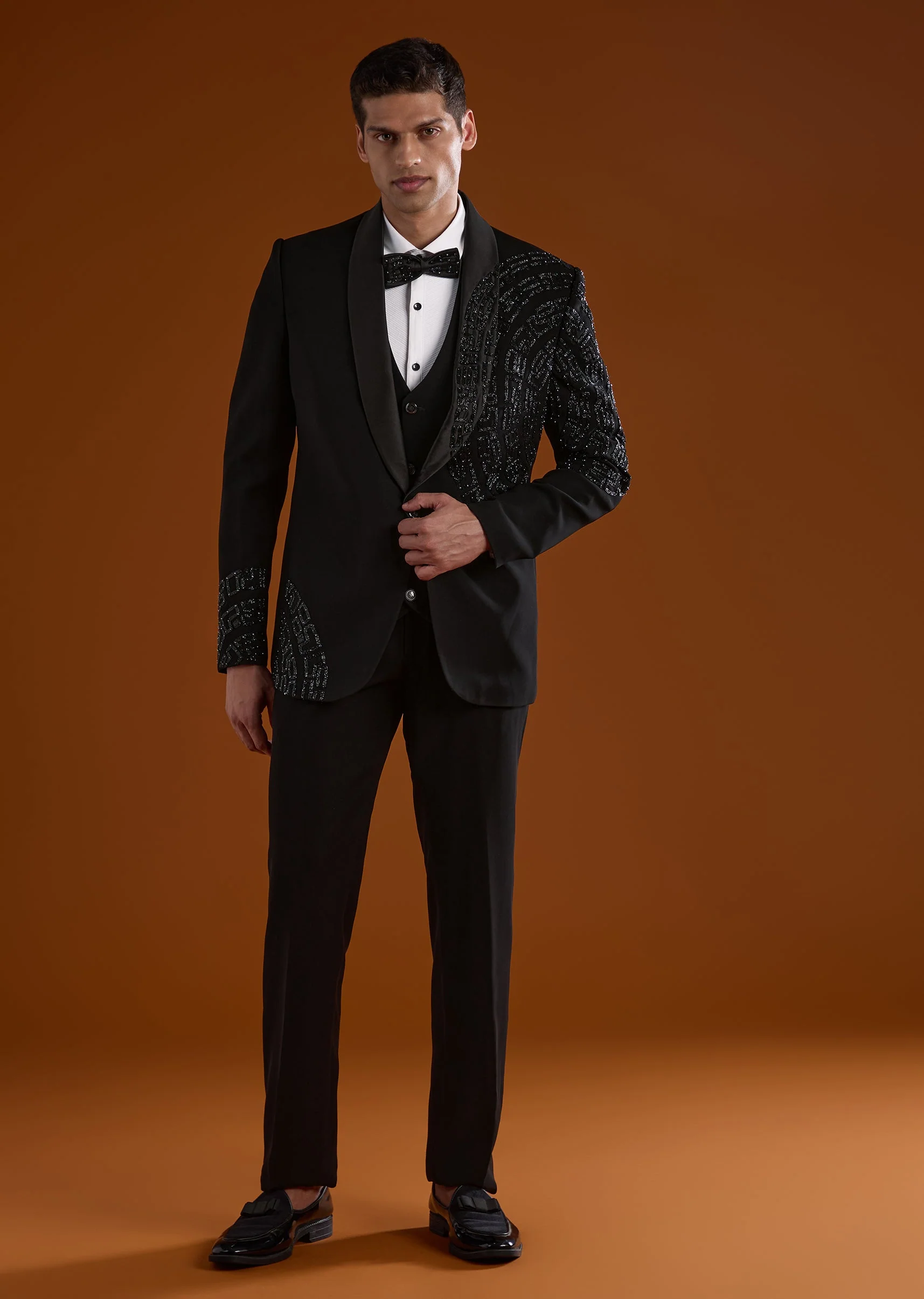Black Mens Tuxedo With Cut Dana And Diamond Work - Image 4
