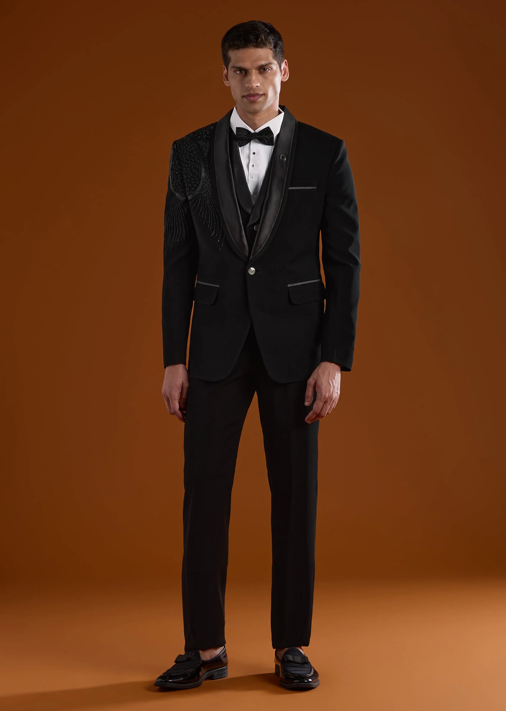 Black Mens Tuxedo With Thread Beads And Cut Dana Work - Image 4