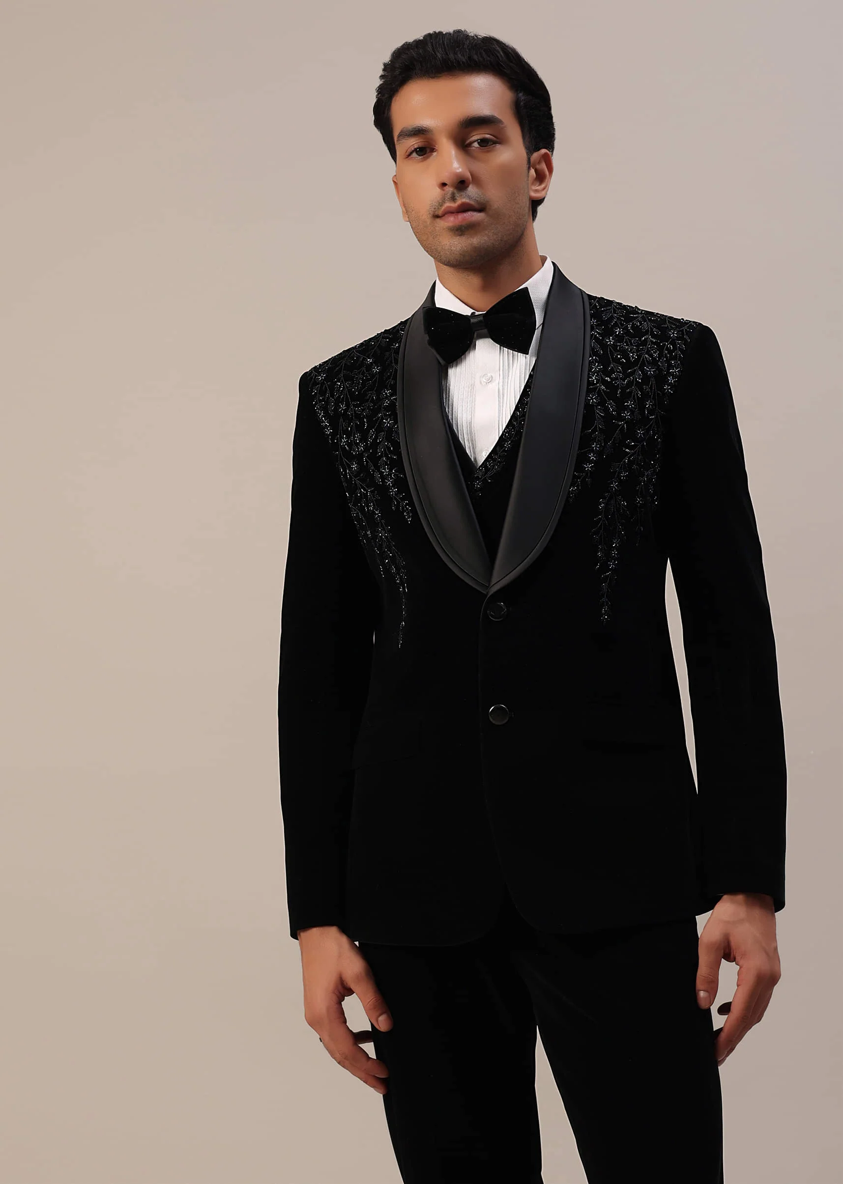 Black Micro Velvet Tuxedo Set With Cut Work Detailing - Image 9