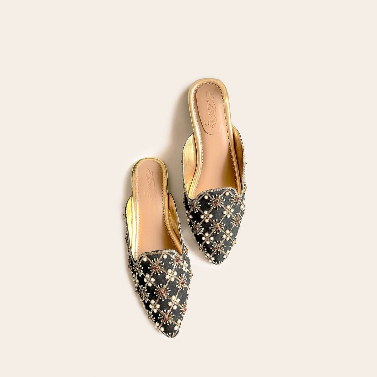 Black Mules With Maroon Swarovski And Zari Detailing By Sole House - Image 5