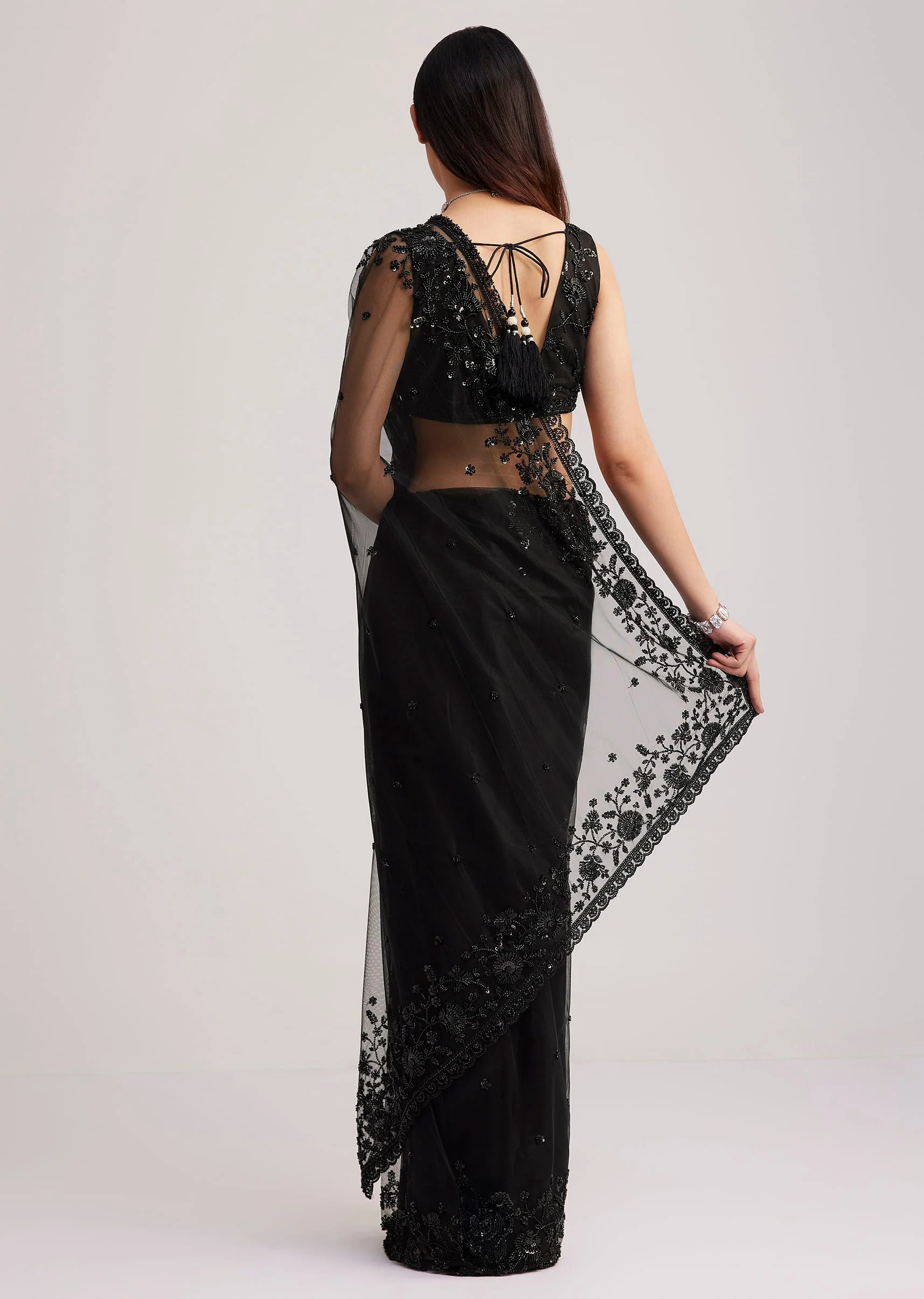 Black Net Heavy Embroidered Saree With Sequins And Stones - Image 4