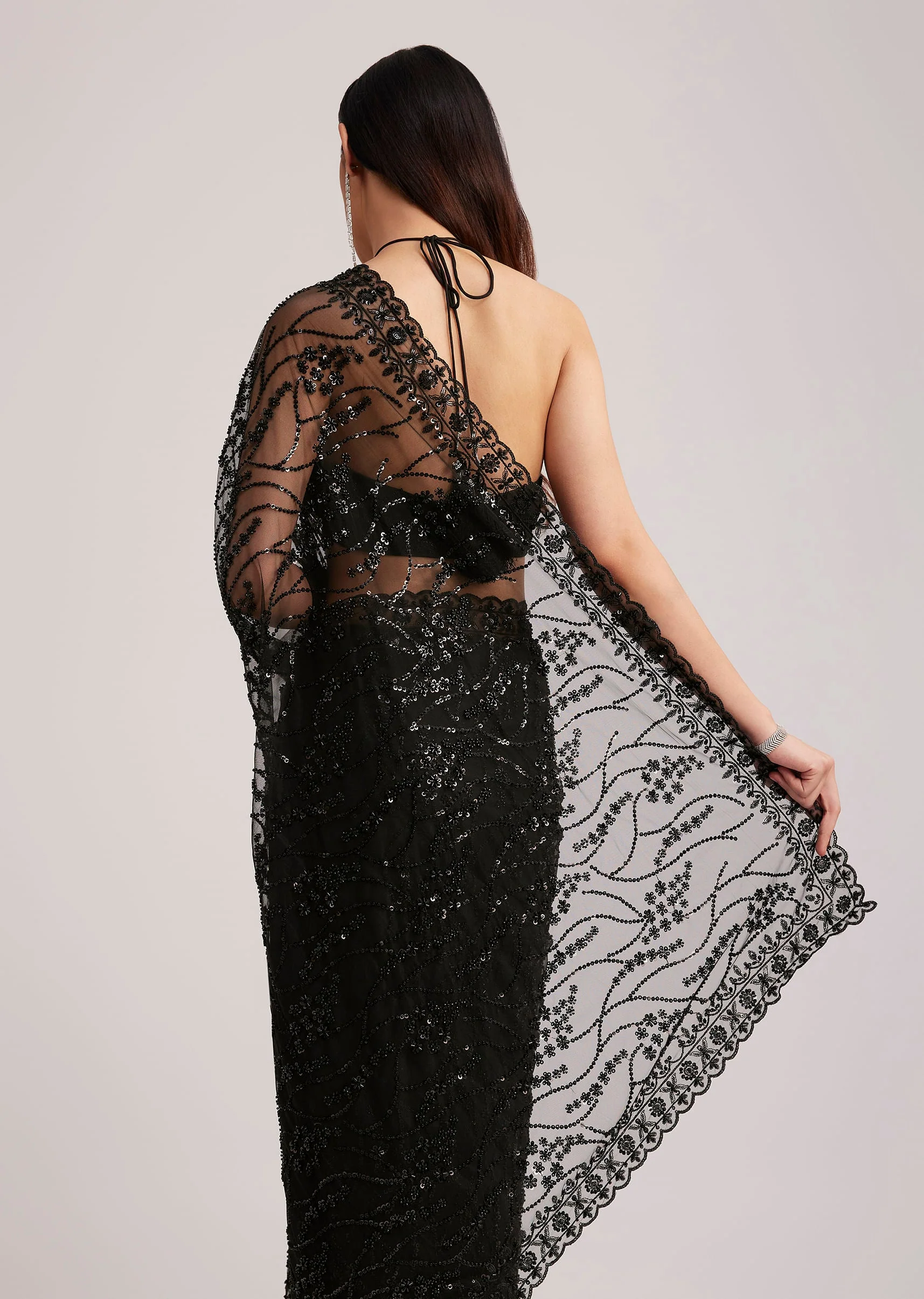 Black Net Saree Heavy Embroidered With Sequins And Stones - Image 6