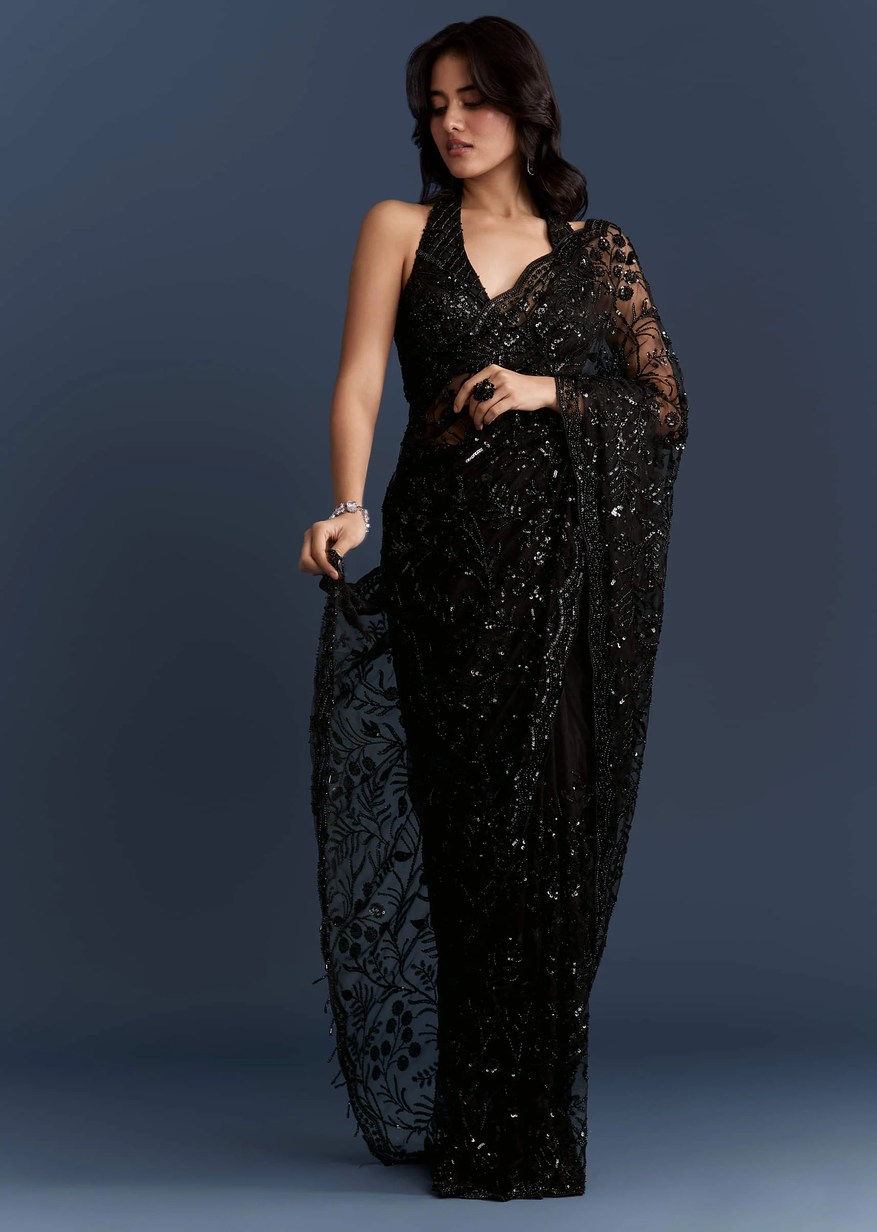 Black Net Saree With Intricate Floral Sequins Embroidery - Image 3