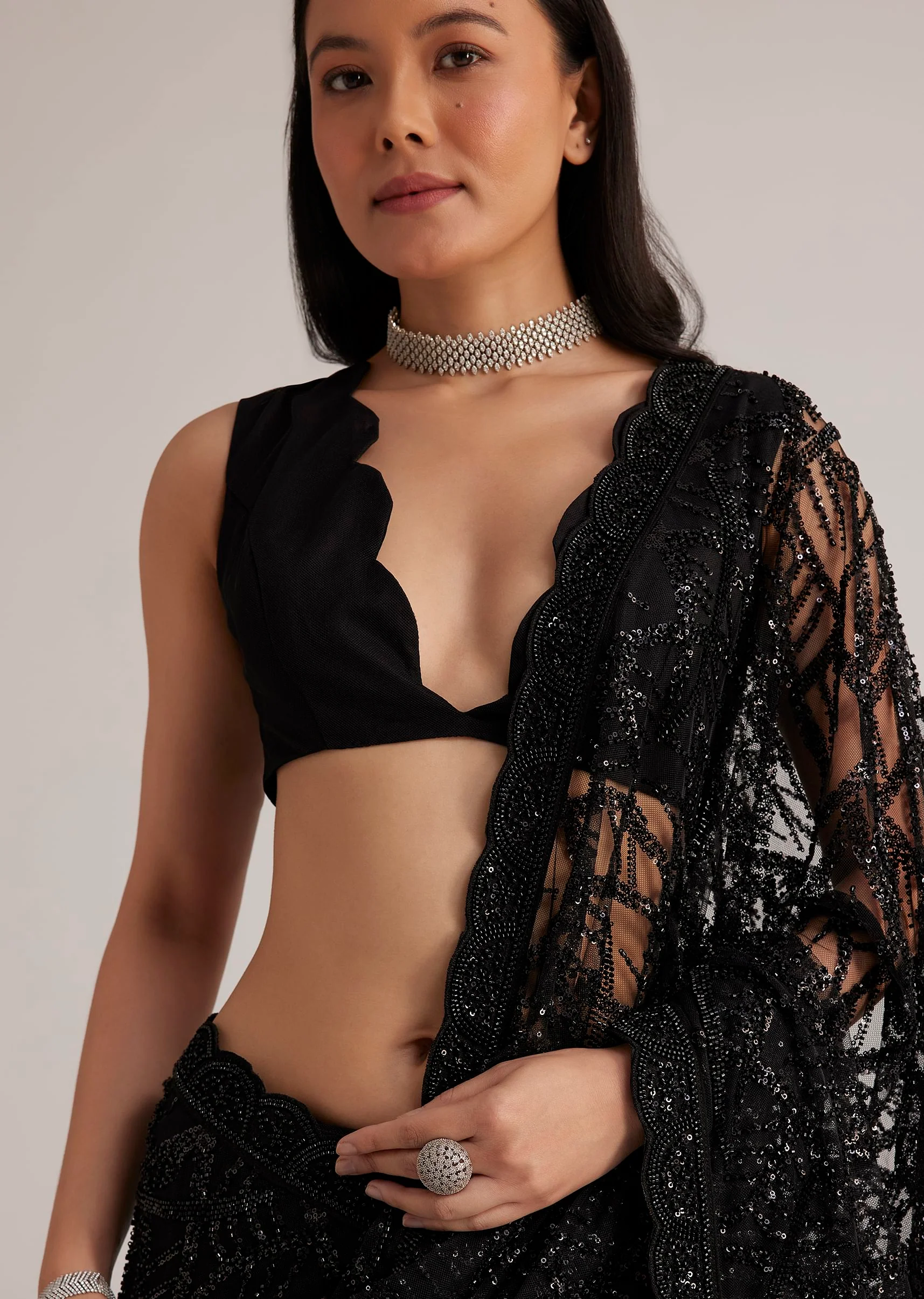 Black Net Saree With Sequins And Stones Embroidery - Image 5