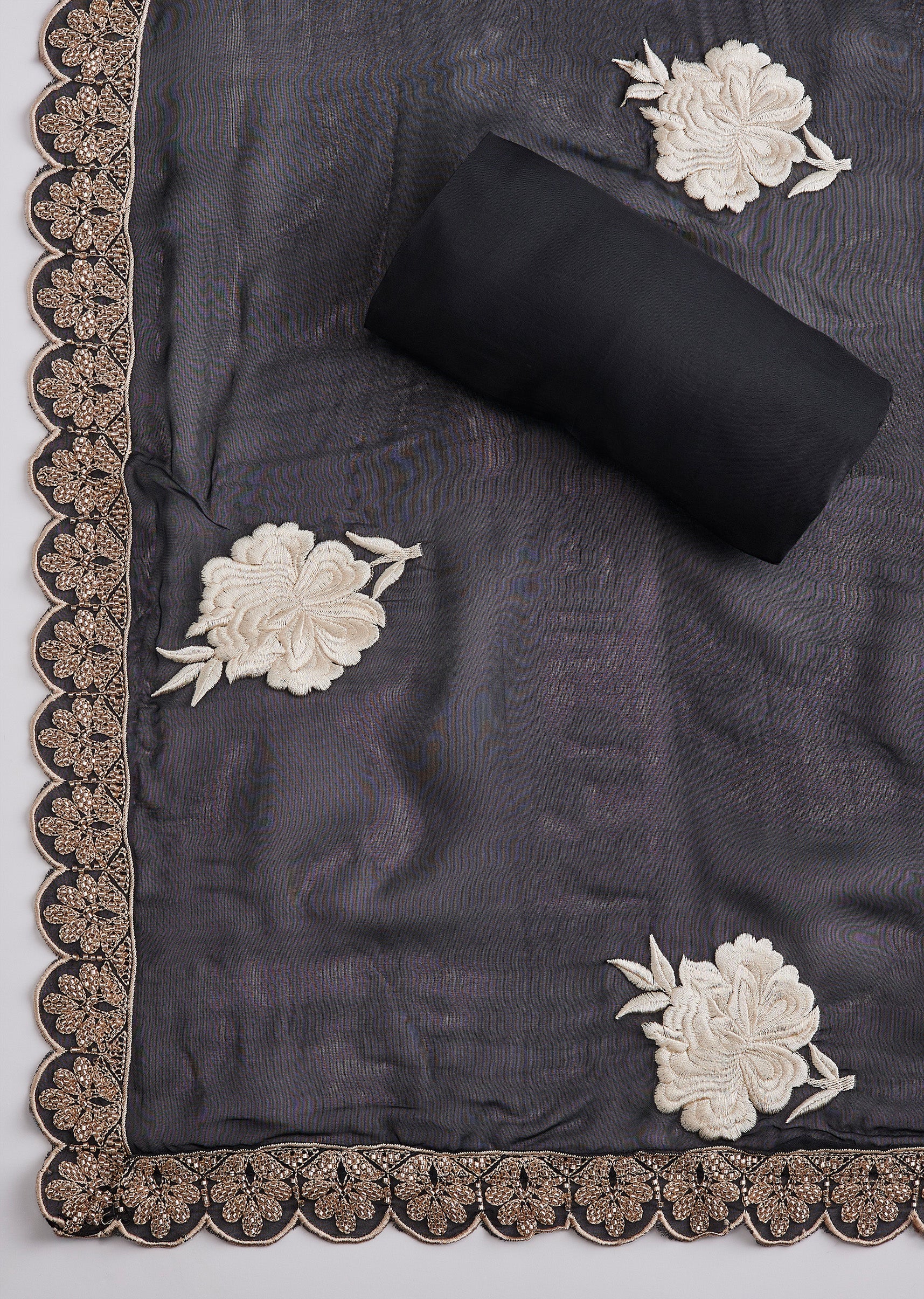 Black Organza Embroidered Unstitched Suit Set With Dupatta - Image 4