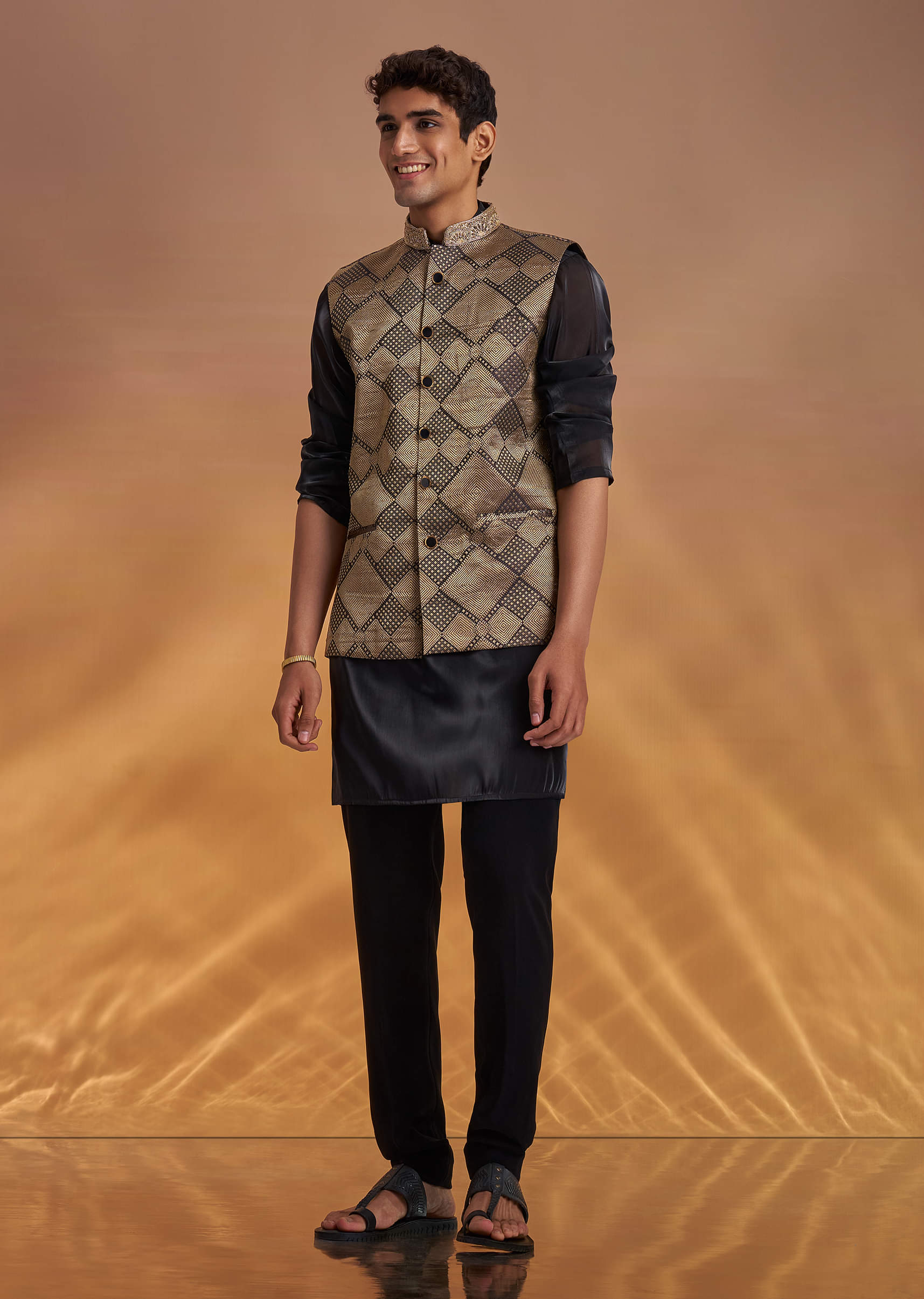 Black Organza Kurta Jacket Set With Self Embroidery - Image 2