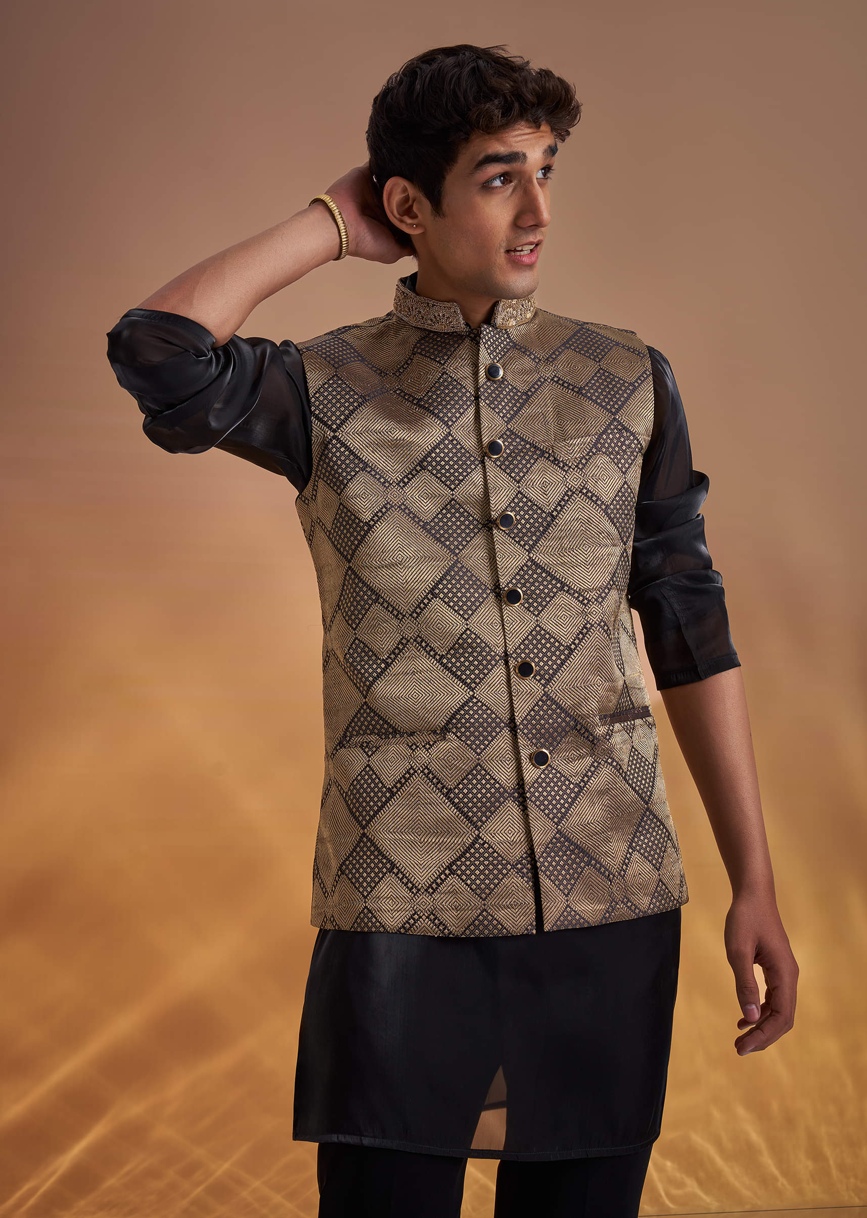 Black Organza Kurta Jacket Set With Self Embroidery - Image 5