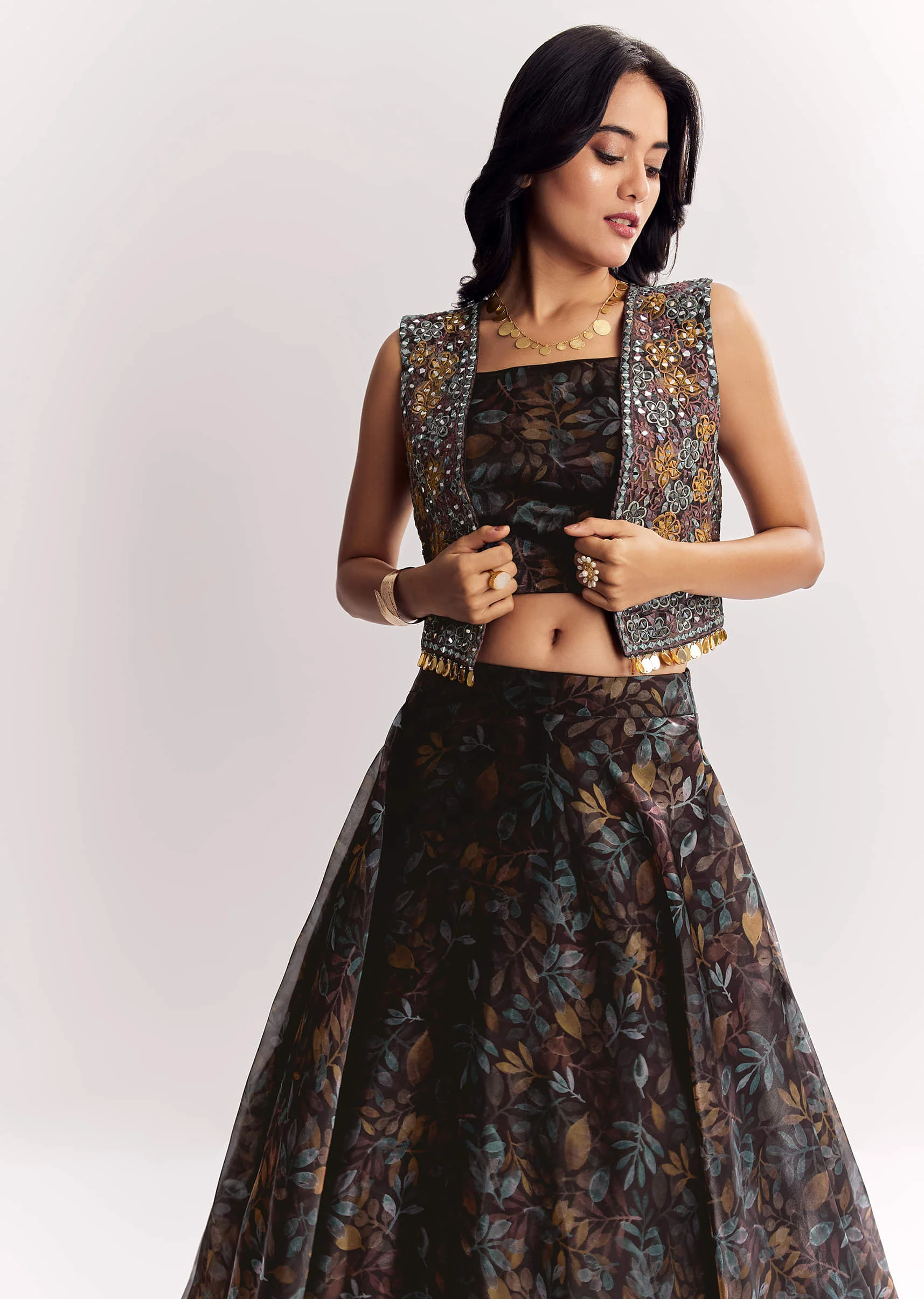 Black Printed Lehenga Choli With Mirror Work Jacket In Organza Tissue - Image 4