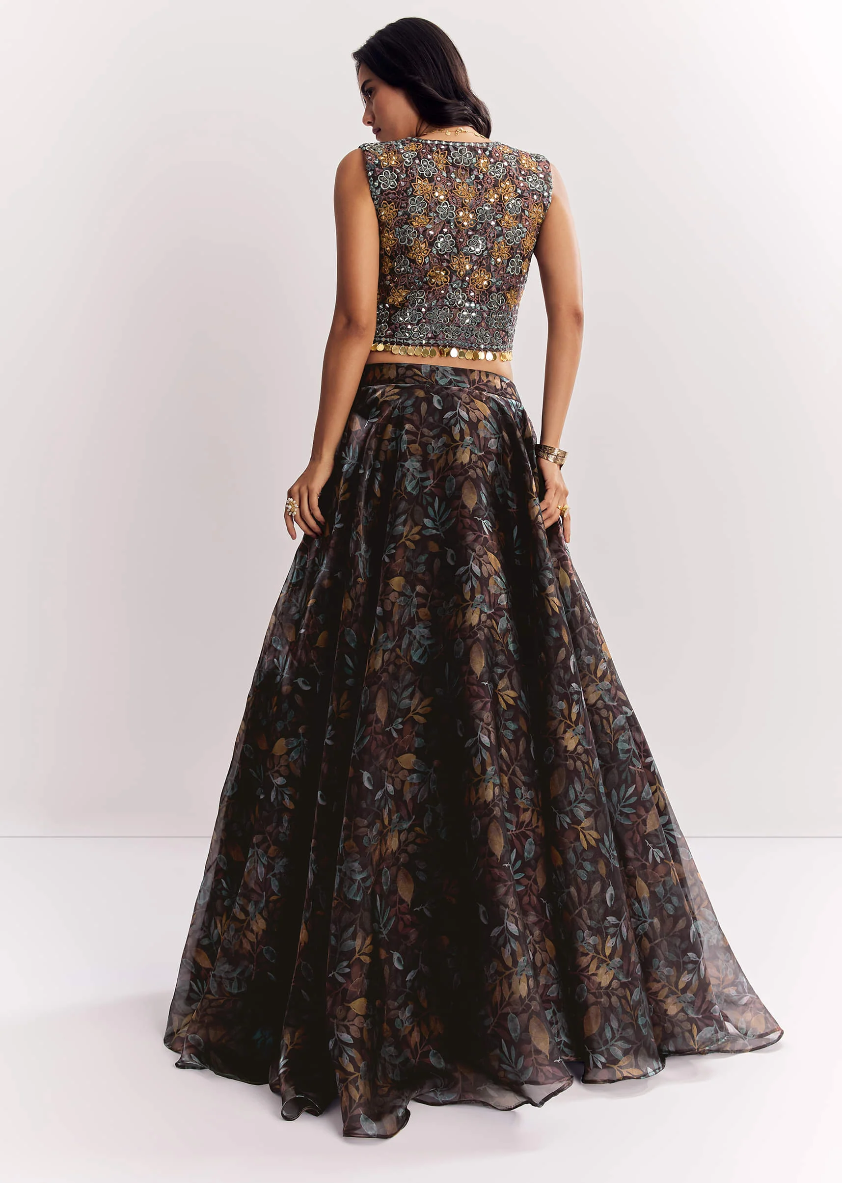 Black Printed Lehenga Choli With Mirror Work Jacket In Organza Tissue - Image 5