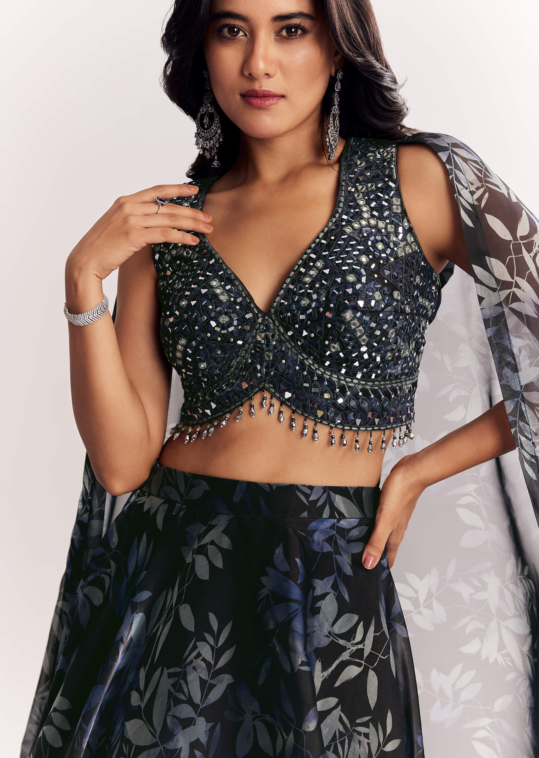 Black Printed Mirror Work Lehenga Choli Set In Organza Tissue - Image 2