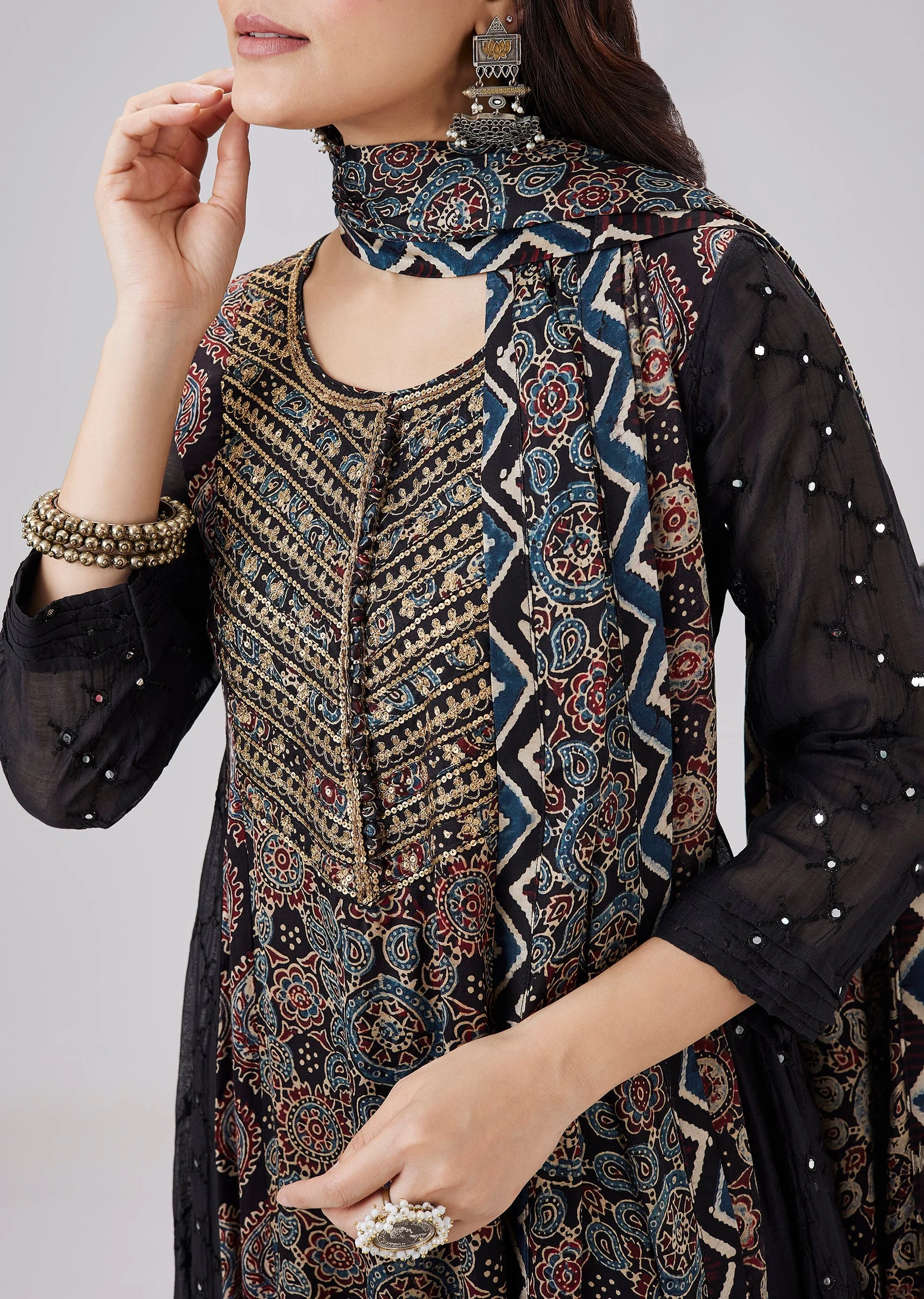 Black Pure Ajrakh Printed Silk Anarkali Set With Zari Embroidery - Image 2