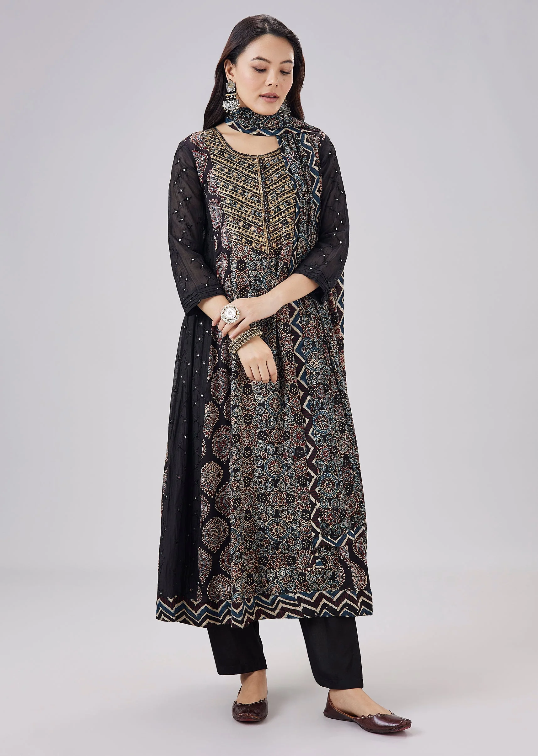 Black Pure Ajrakh Printed Silk Anarkali Set With Zari Embroidery - Image 3