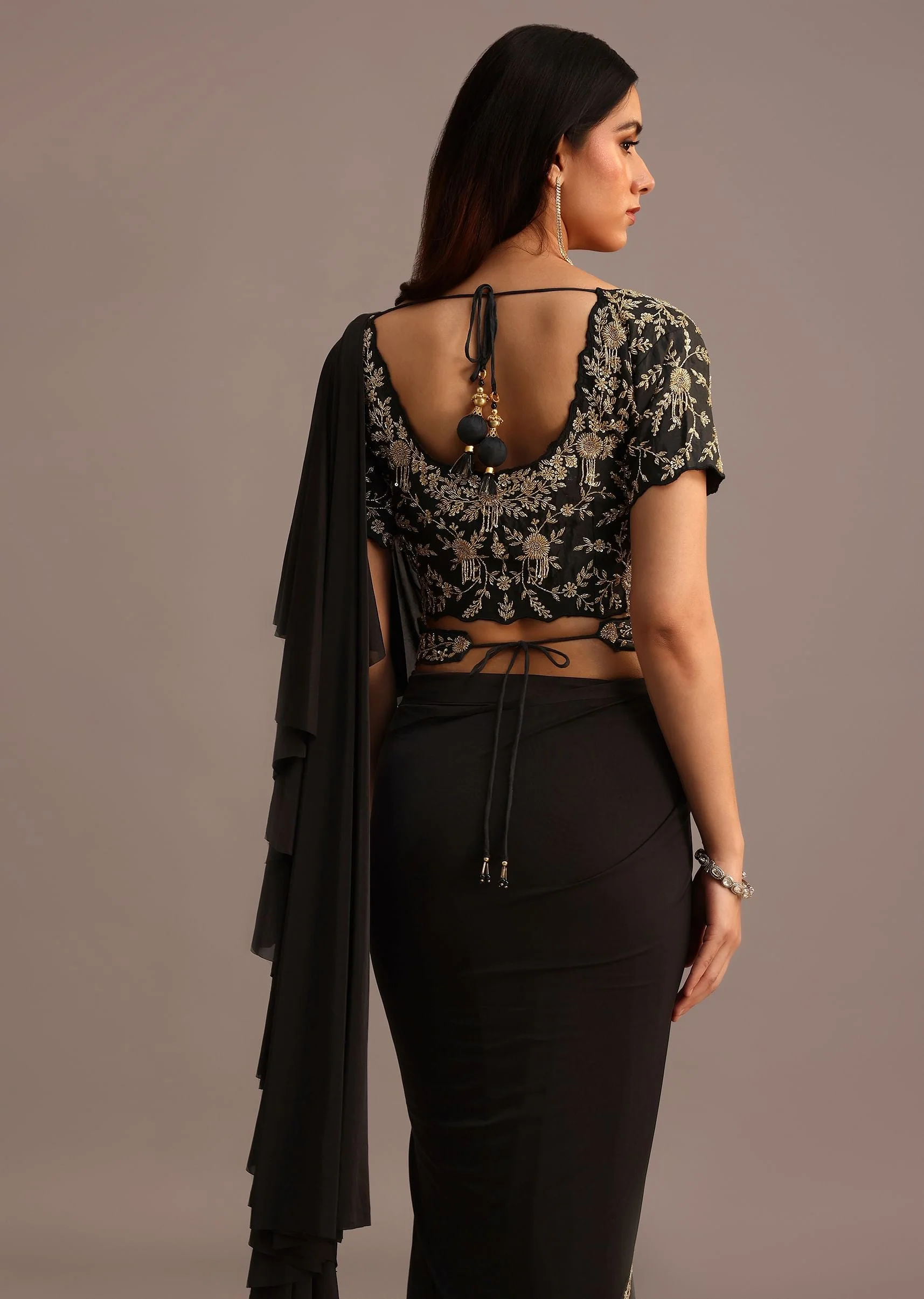 Black Ready Pleated Frills Saree With Embroided Blouse And Belt - Image 6
