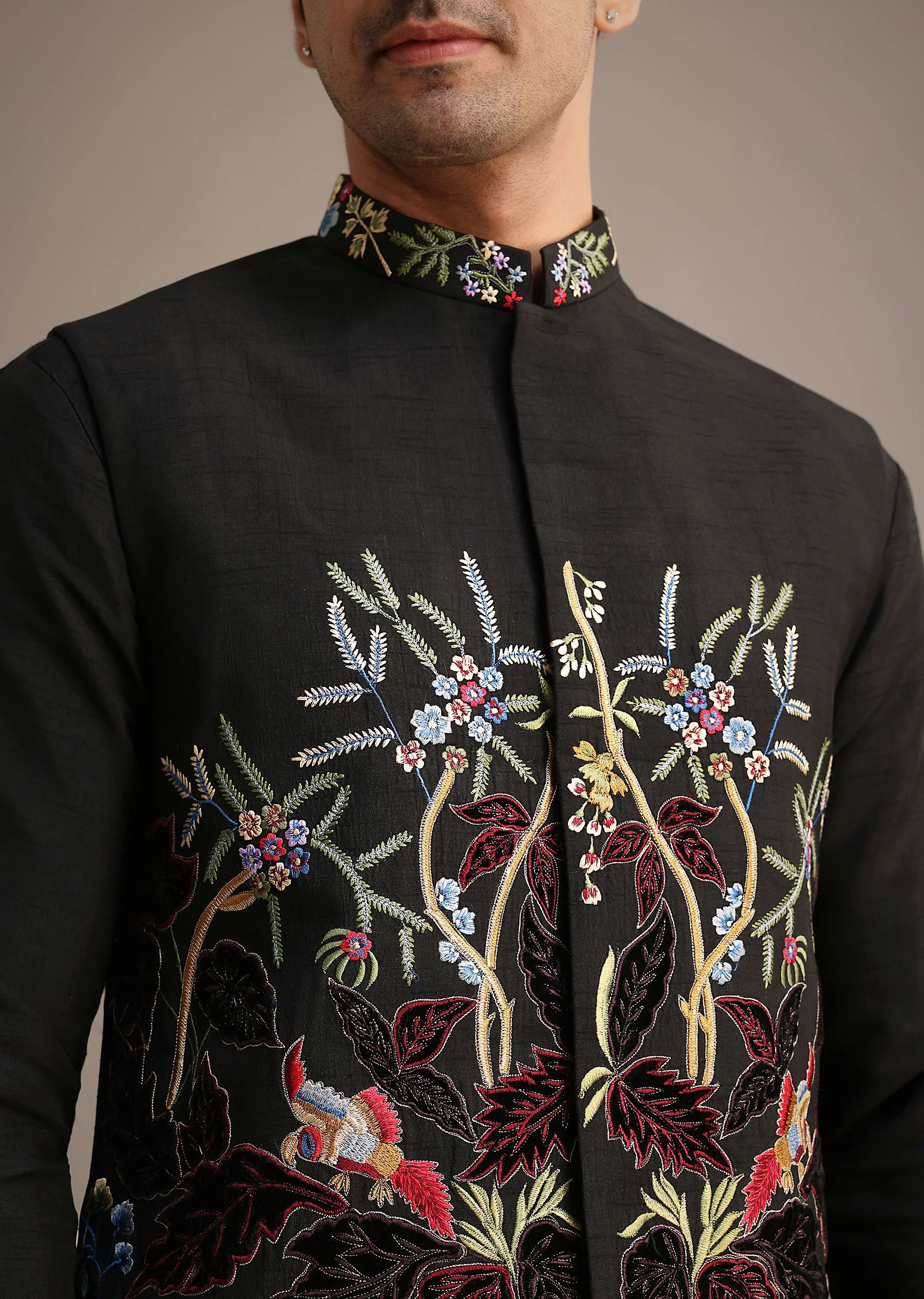 Black Resham Embroidered Jacket And Kurta Set In Silk - Image 3