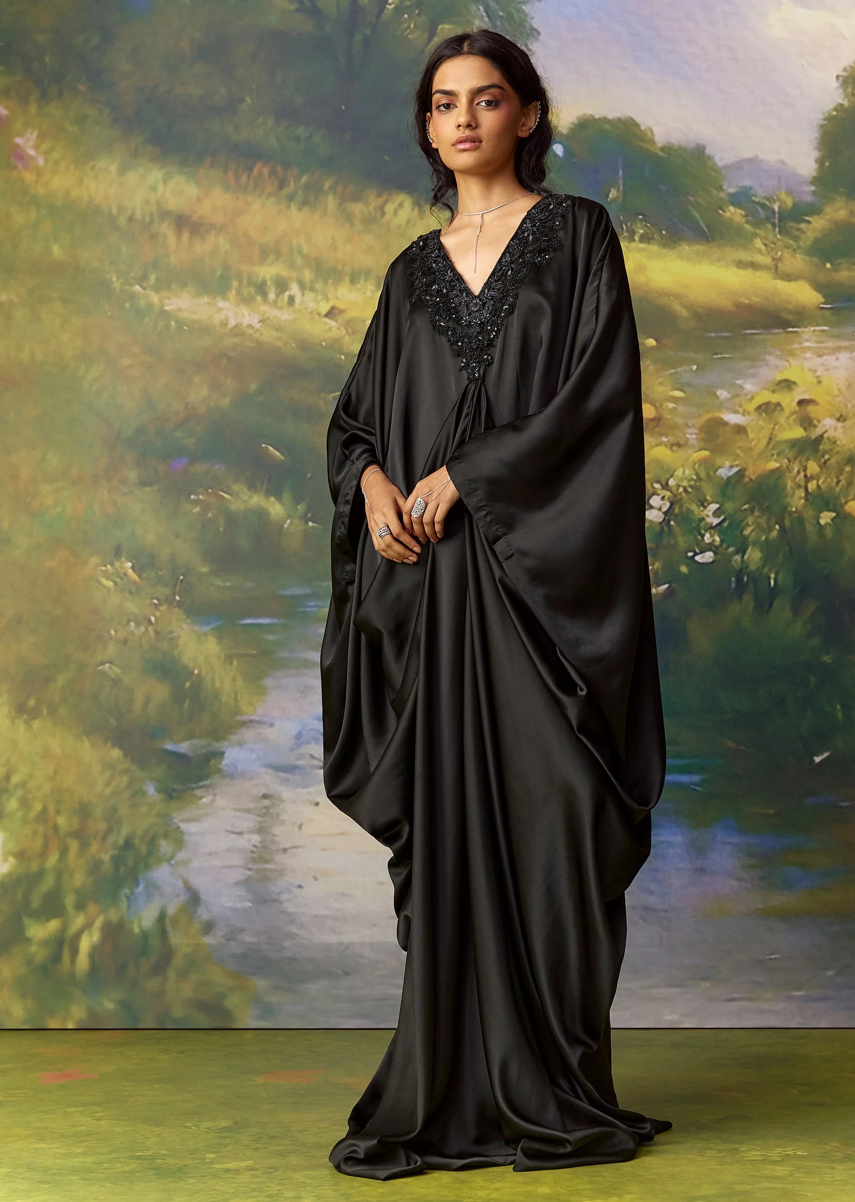 Black Satin Metal Embellished Kaftan - Image 4