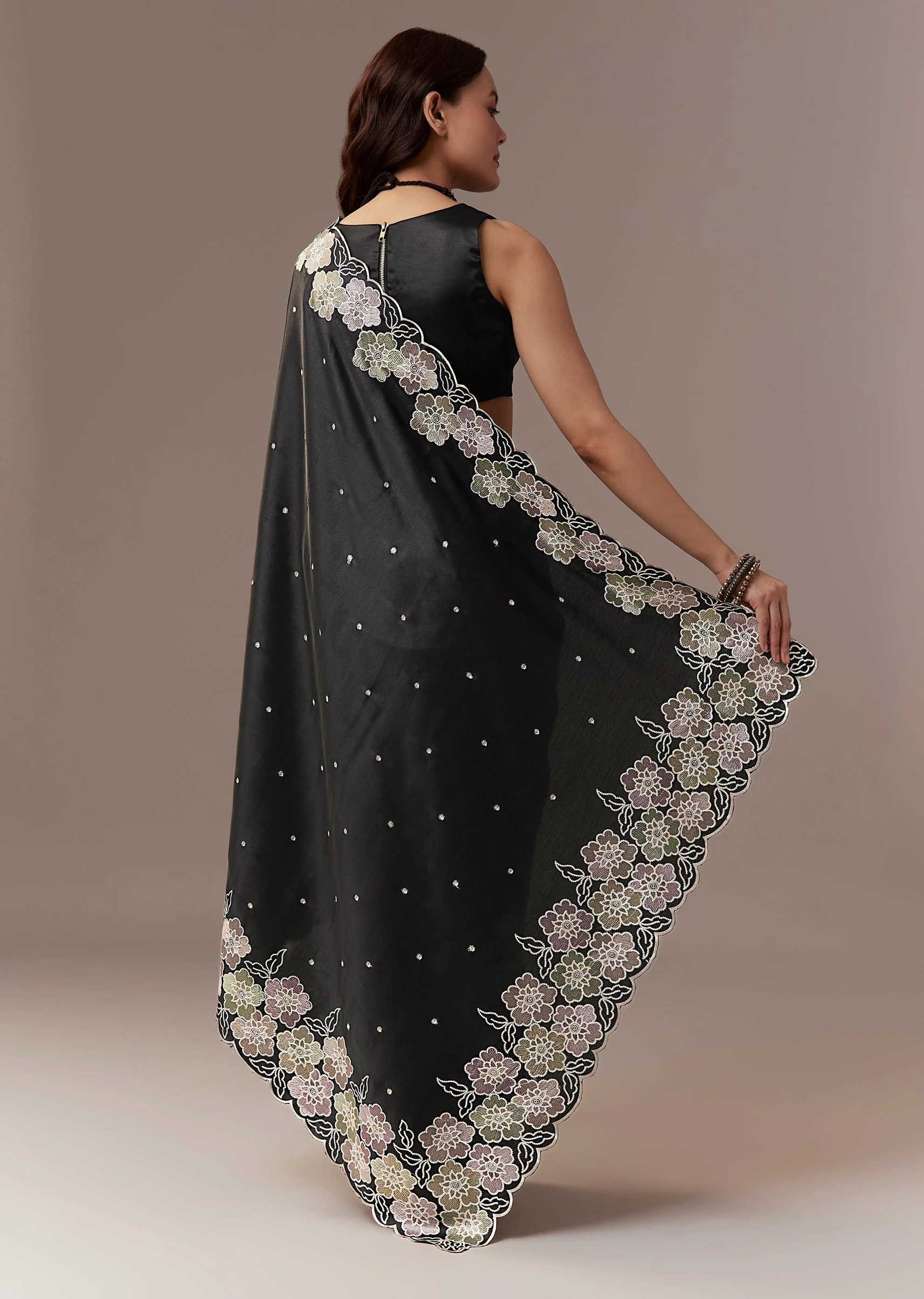 Black Satin Saree With Resham Thread Floral Embroidery - Image 4