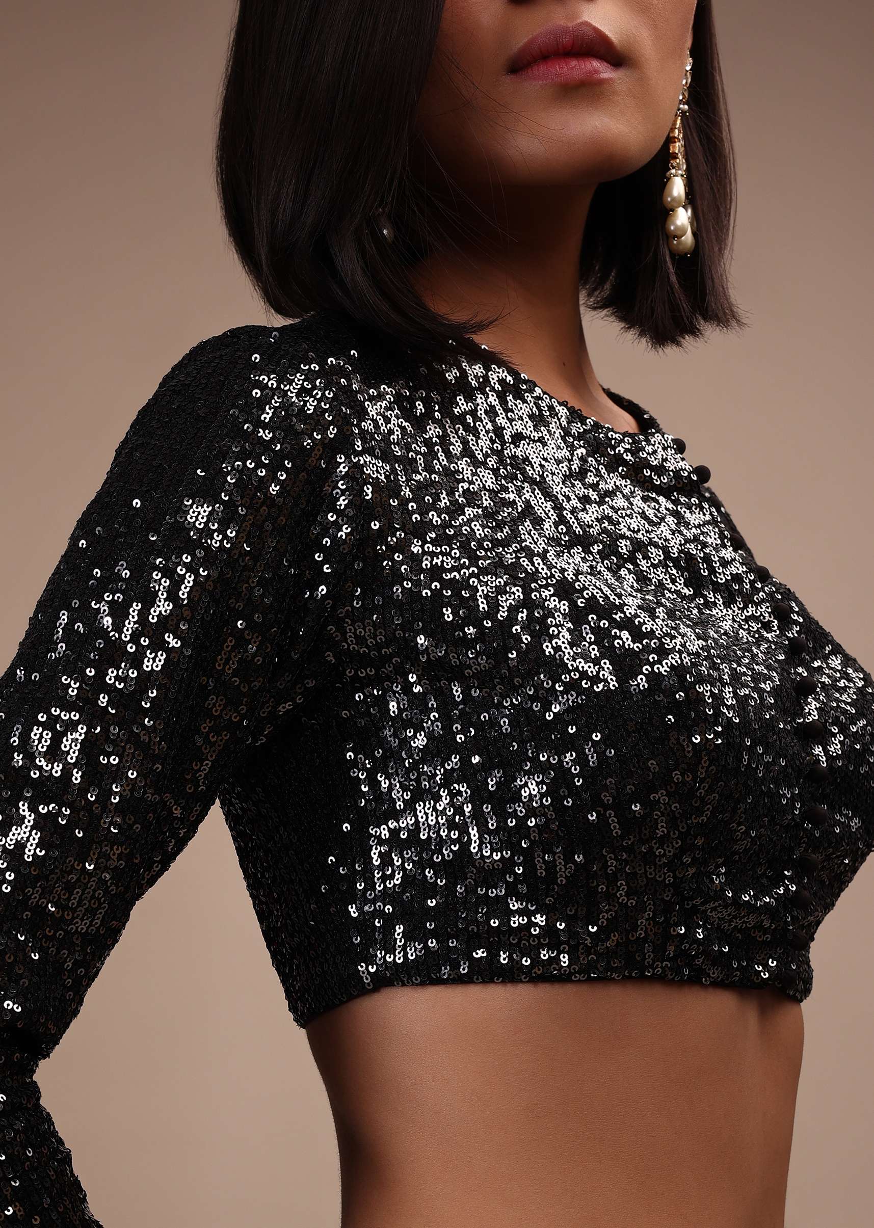 Black Sequins Full Sleeves Blouse In Round Neckline Straight Hemline And Back Hook Closure - Image 2