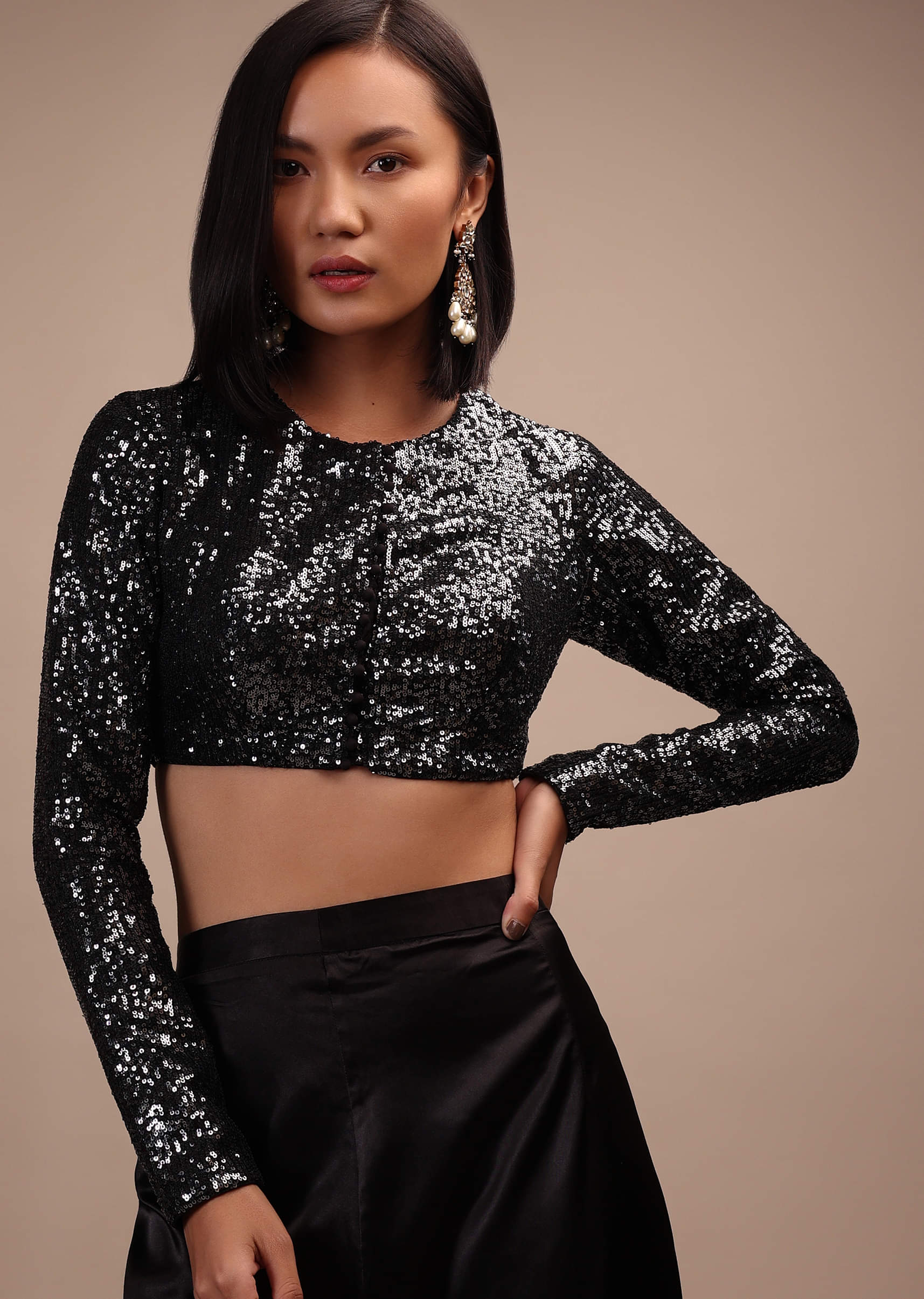 Black Sequins Full Sleeves Blouse In Round Neckline Straight Hemline And Back Hook Closure - Image 4