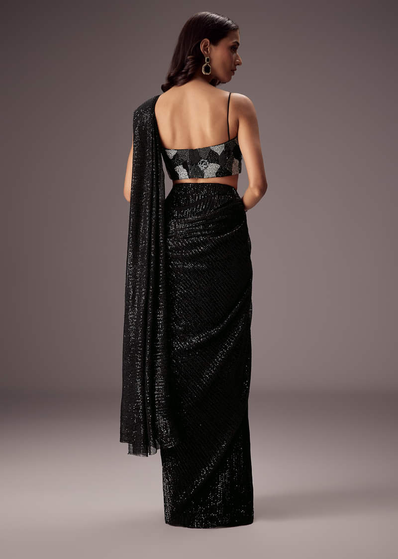 Black Shimmer Saree With Richly Hand Embroidered Blouse - Image 2