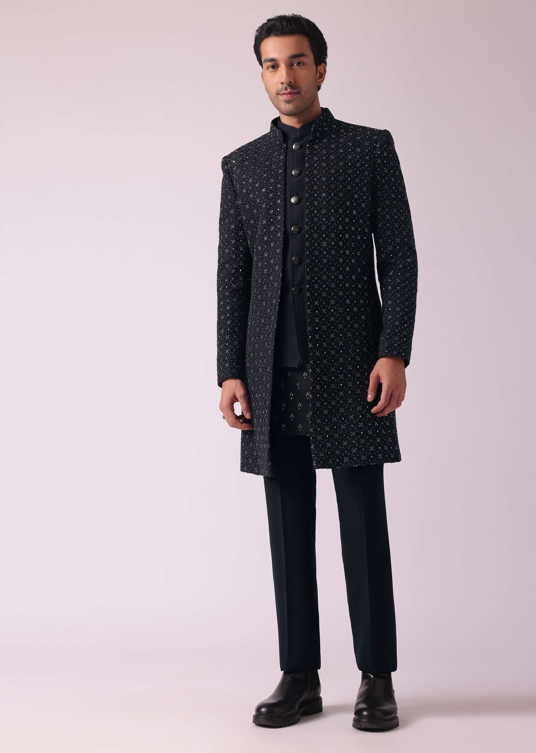 Black Shimmery Indowestern With Cut Work - Image 3