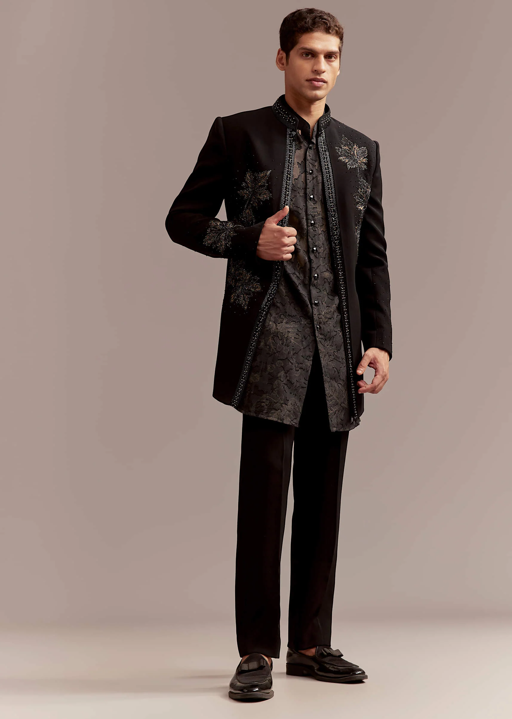 Black Silk Indo Western Set For Men With Intricate Leaf Embroidery - Image 9