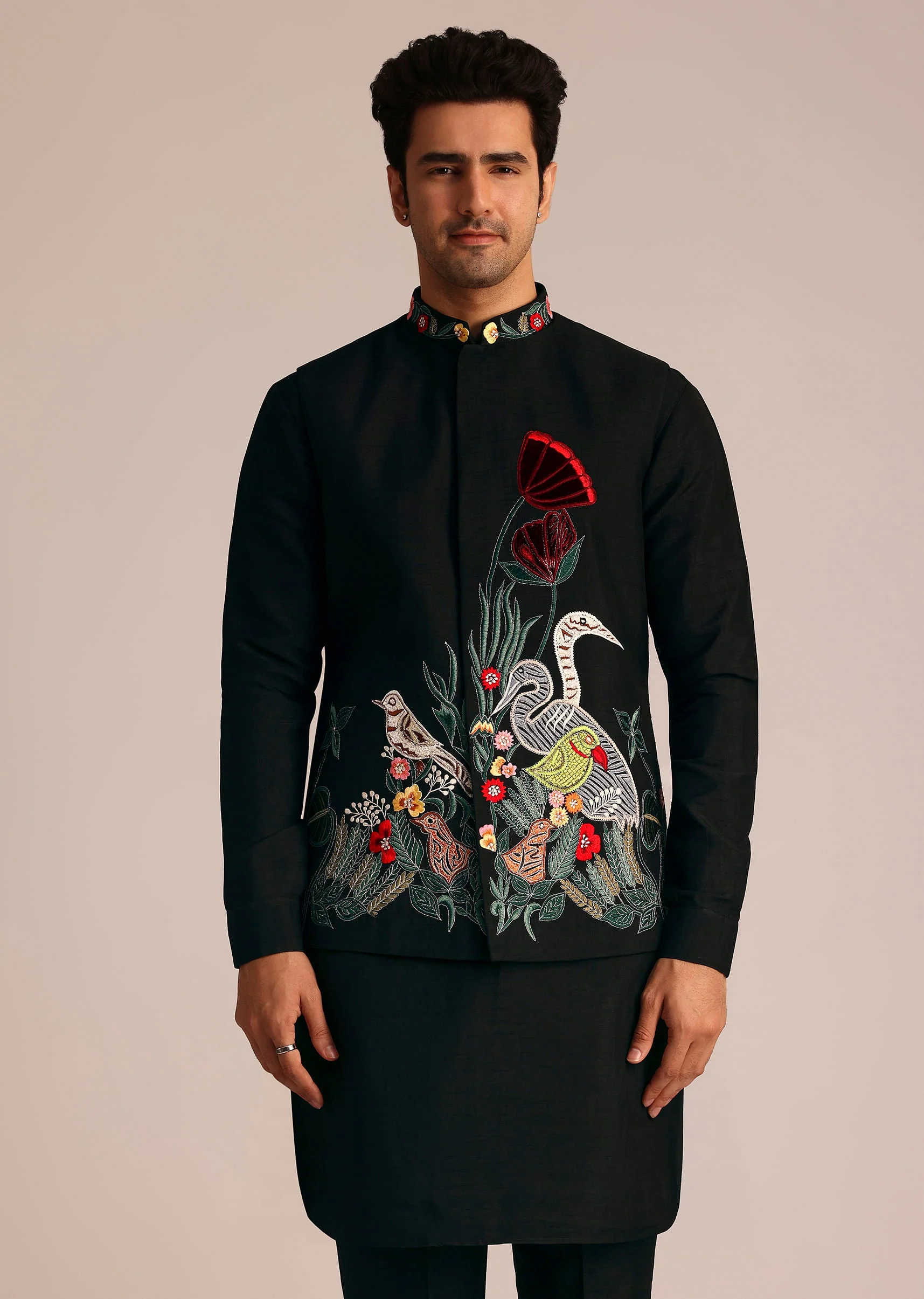 Black Silk Indo Western Set With Resham Embroidery - Image 2