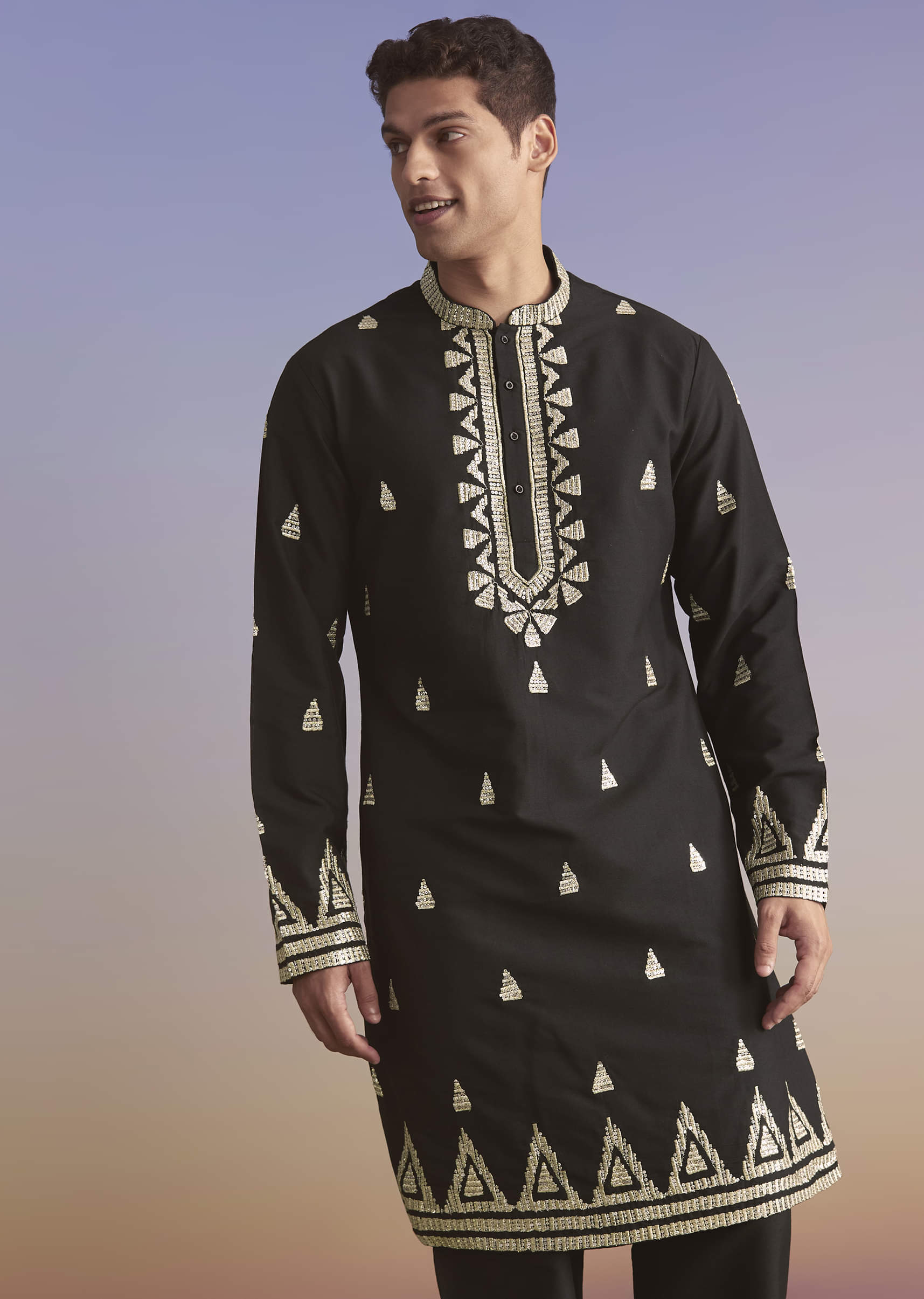 Black Silk Kurta Set For Men With Zari And Sequins Work - Image 6