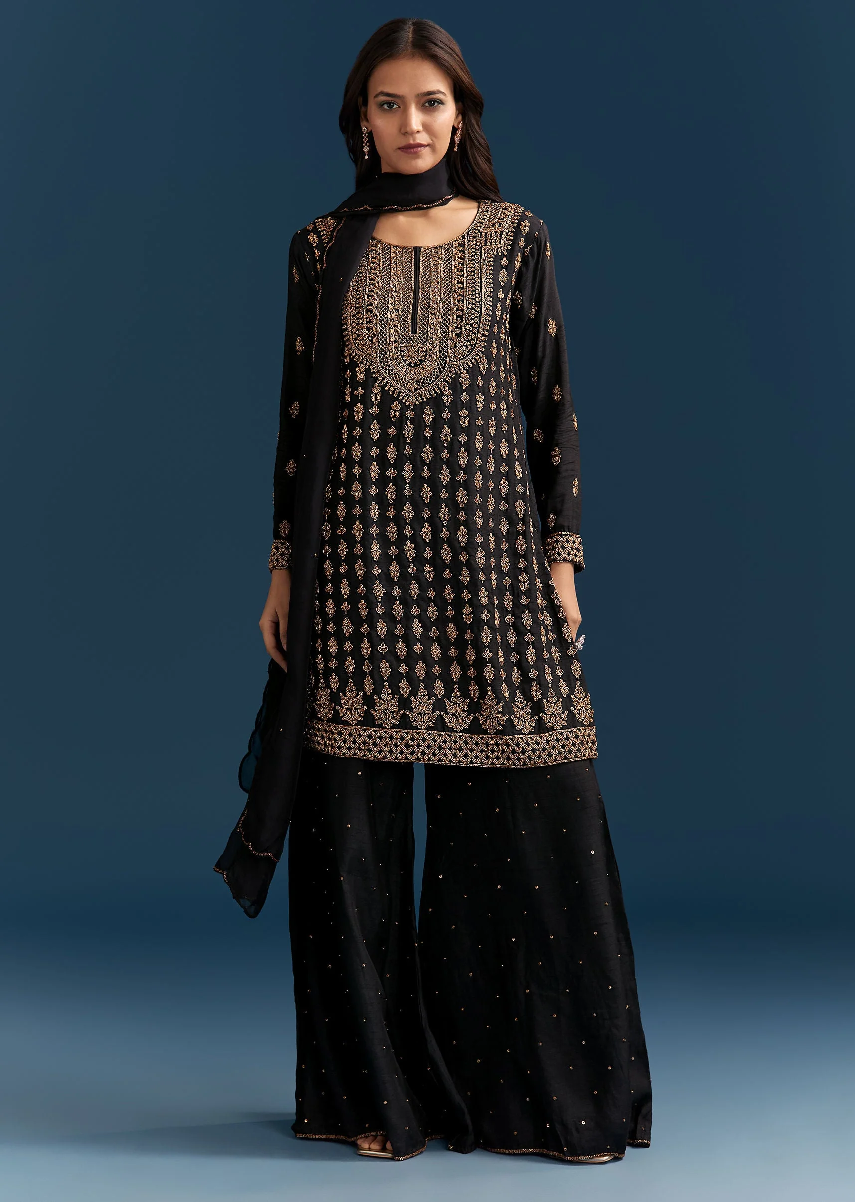 Black Silk Palazzo Suit With Embroidered Cut Dana Work And Dupatta - Image 3