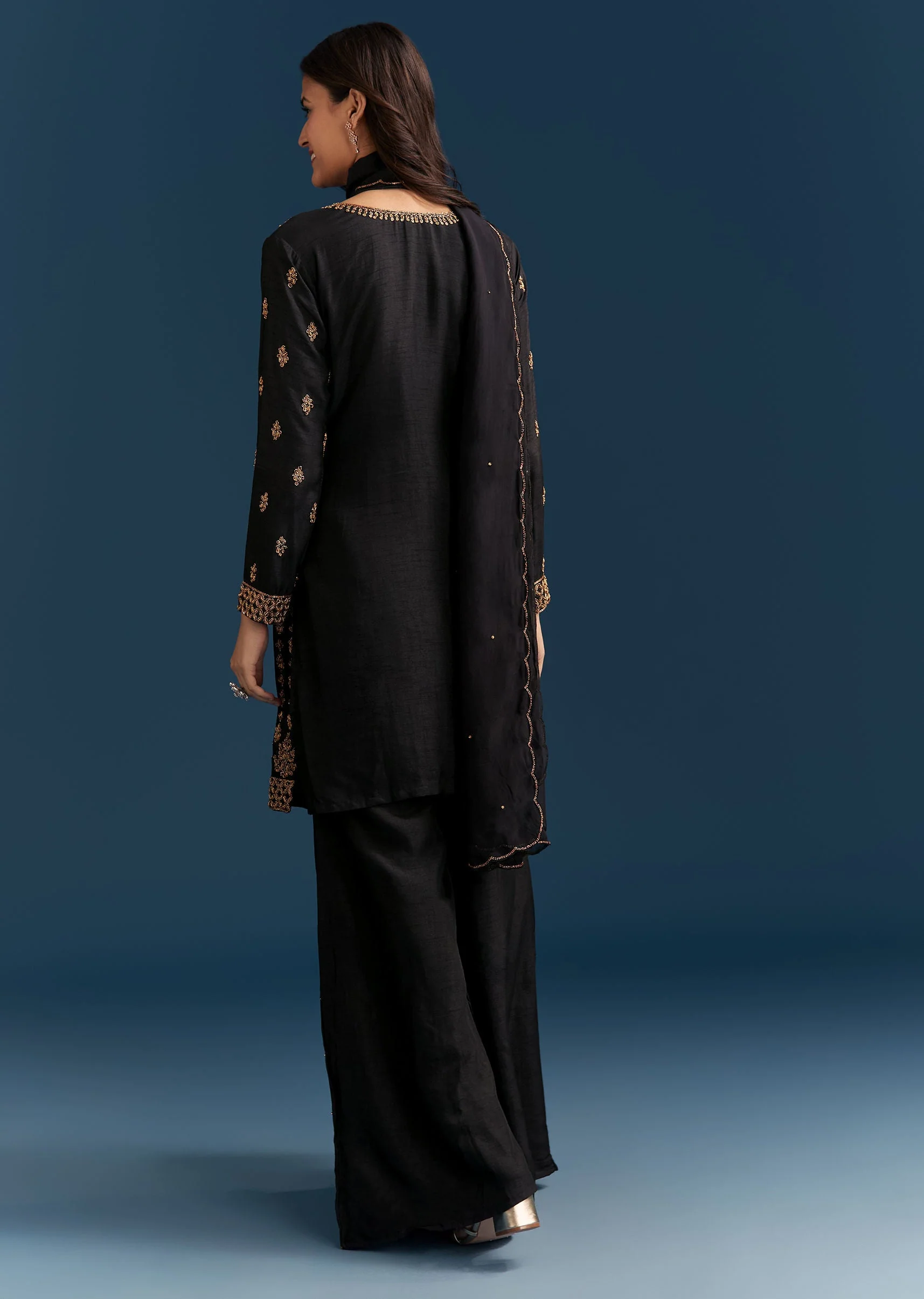 Black Silk Palazzo Suit With Embroidered Cut Dana Work And Dupatta - Image 5