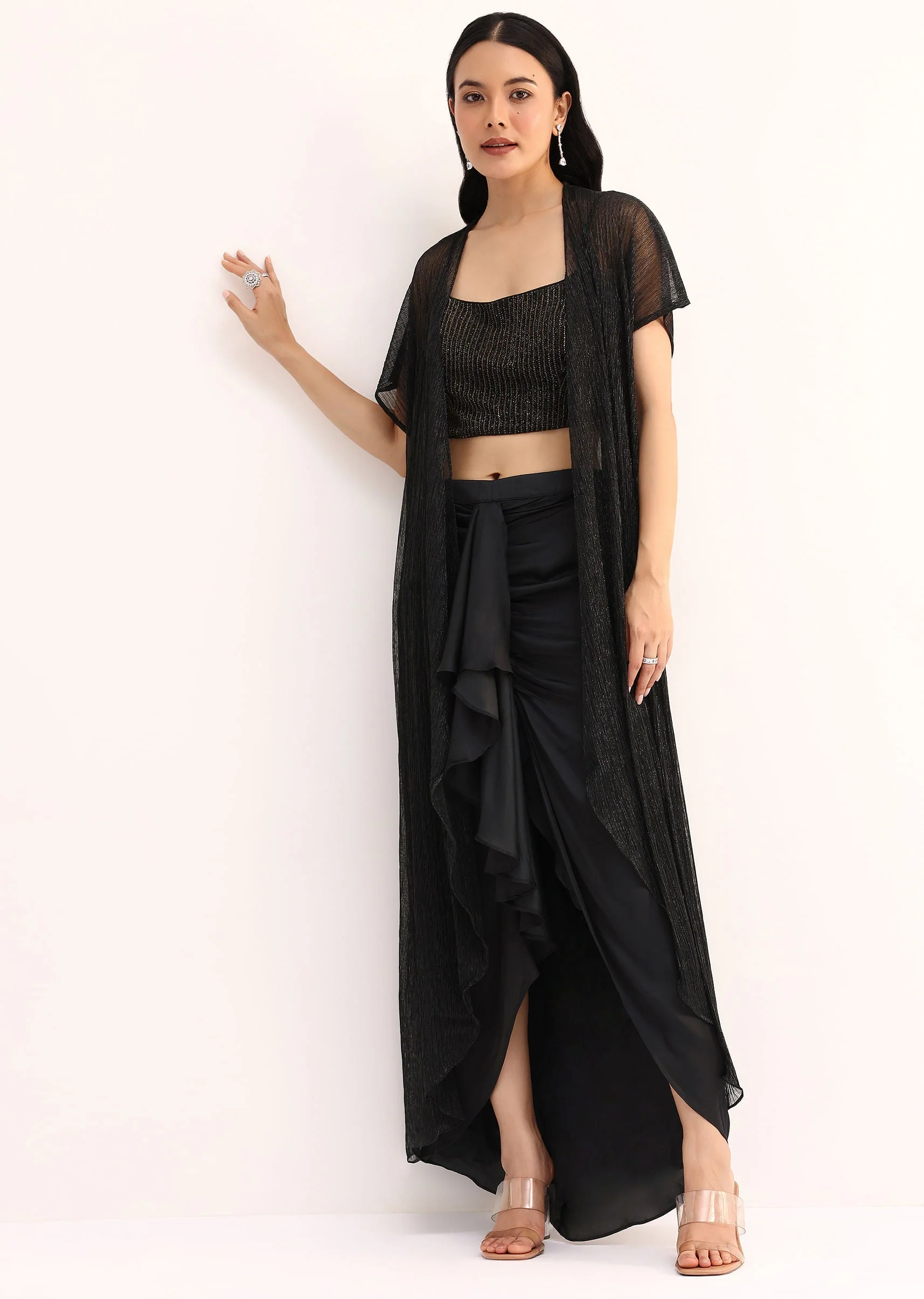 Black Stone Embroidered Silk Crop Top Set With Jacket - Image 3