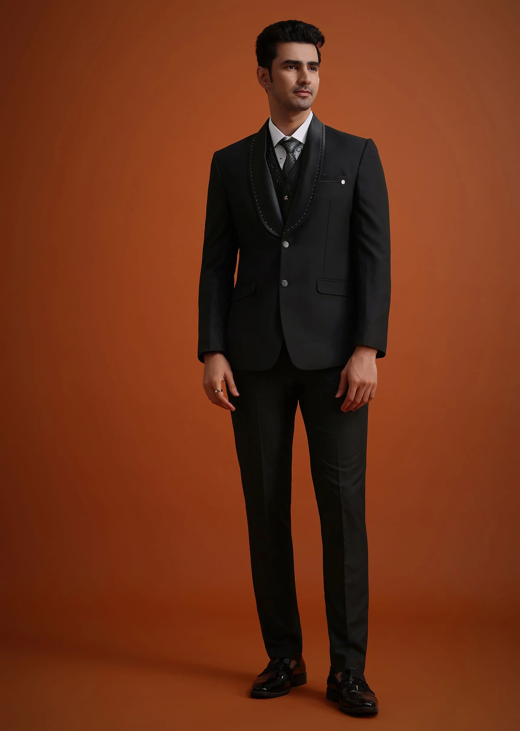 Black Stone Work Terry Rayon Tuxedo And Pant Set - Image 4