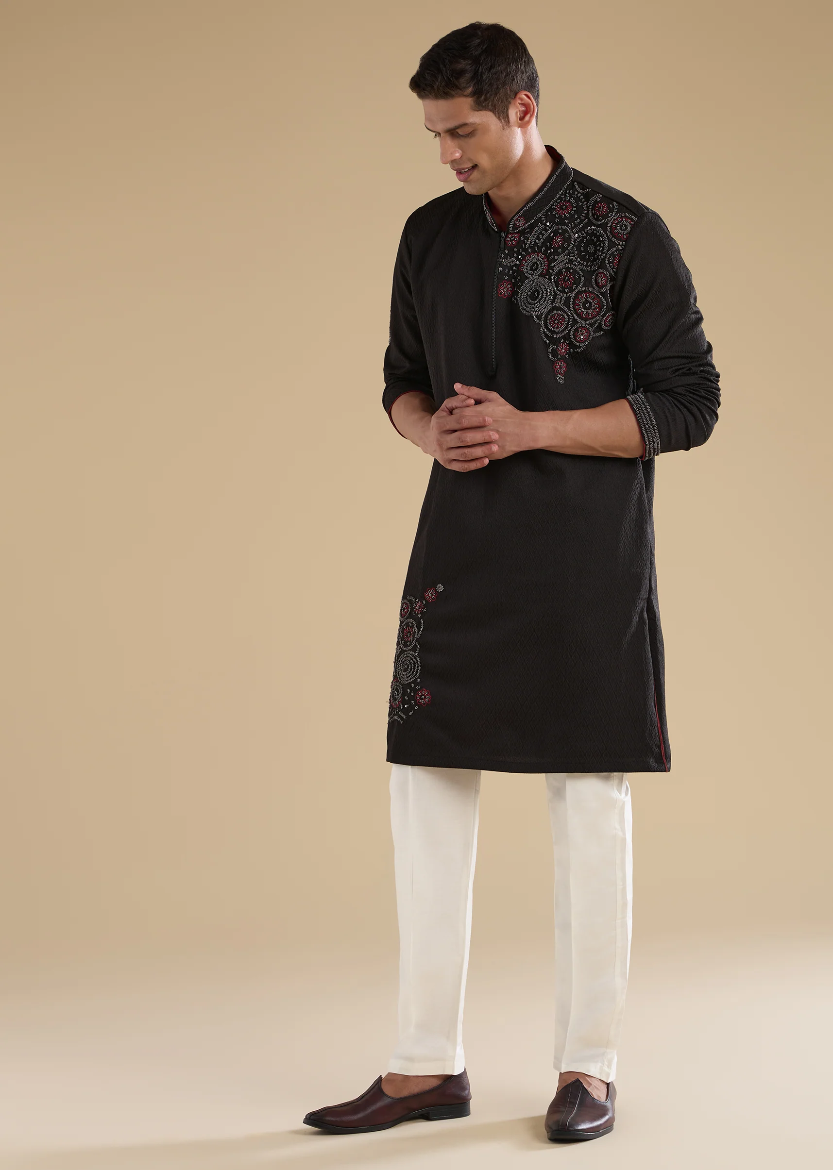 Black Suiting Sequin Resham Threadwork Kurta Set