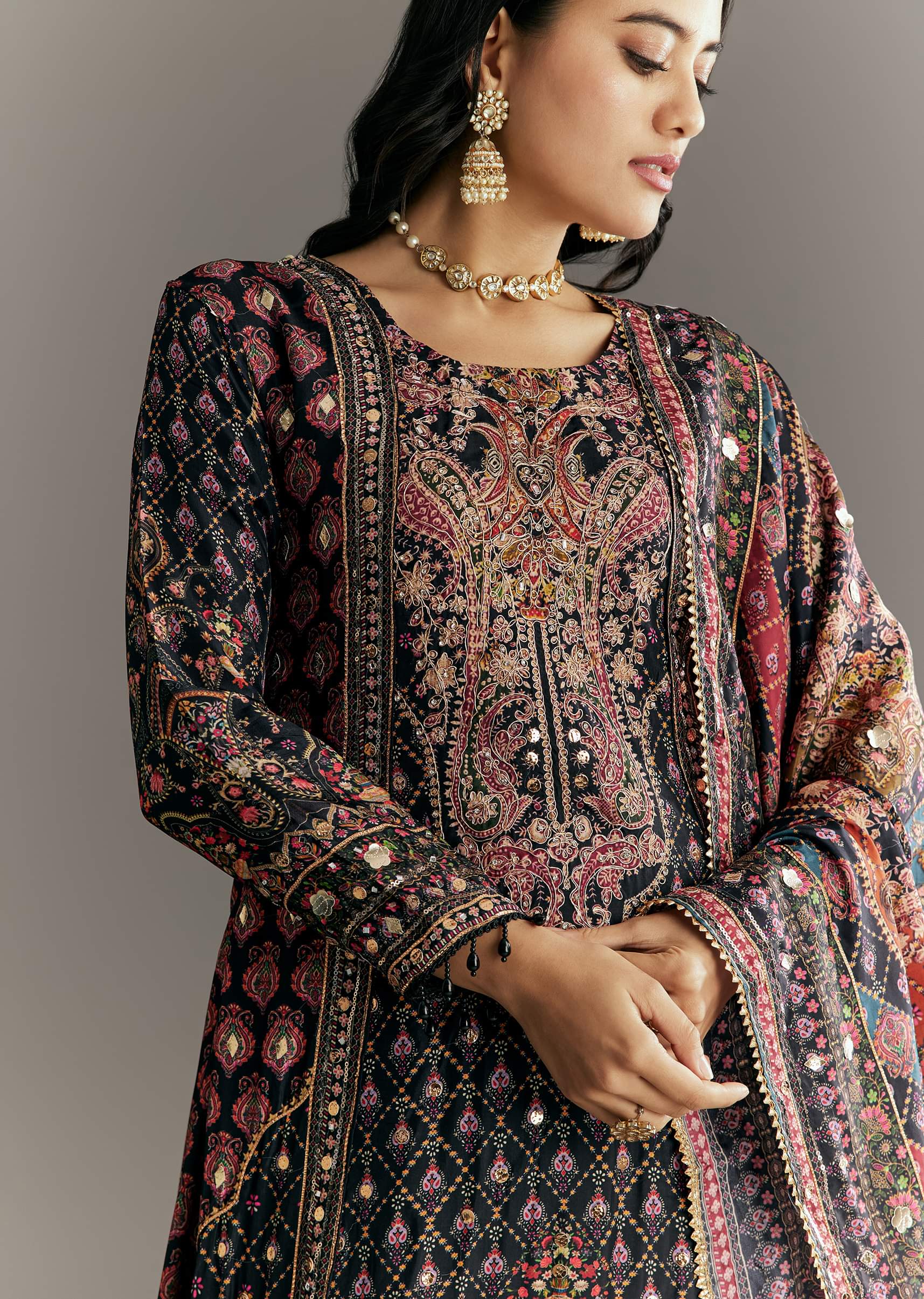 Black Tabby Silk Zari Embroidered Kurta Palazzo With Printed Dupatta - Image 2
