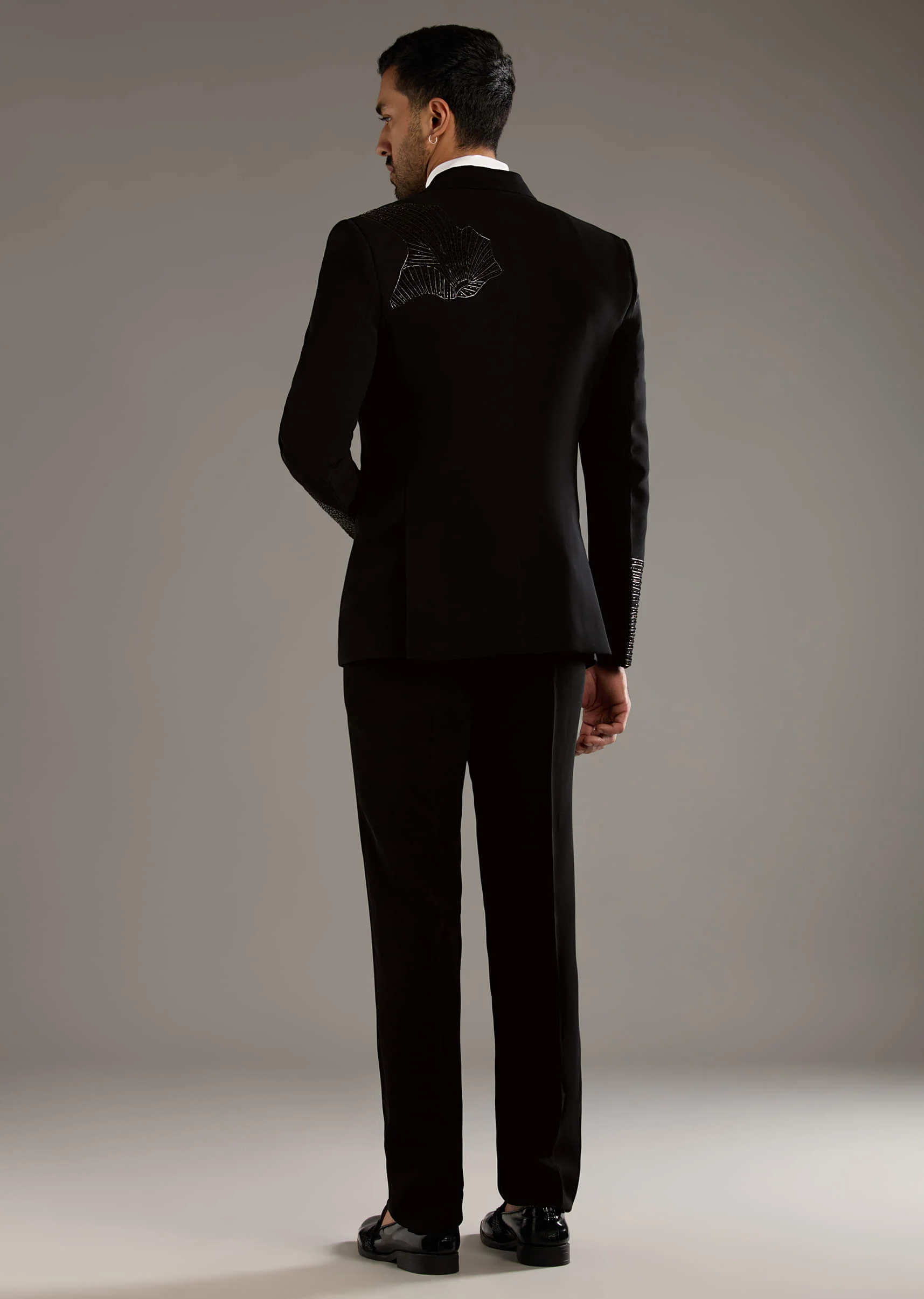 Black Tuxedo For Men With Leather And Dori Work - Image 5