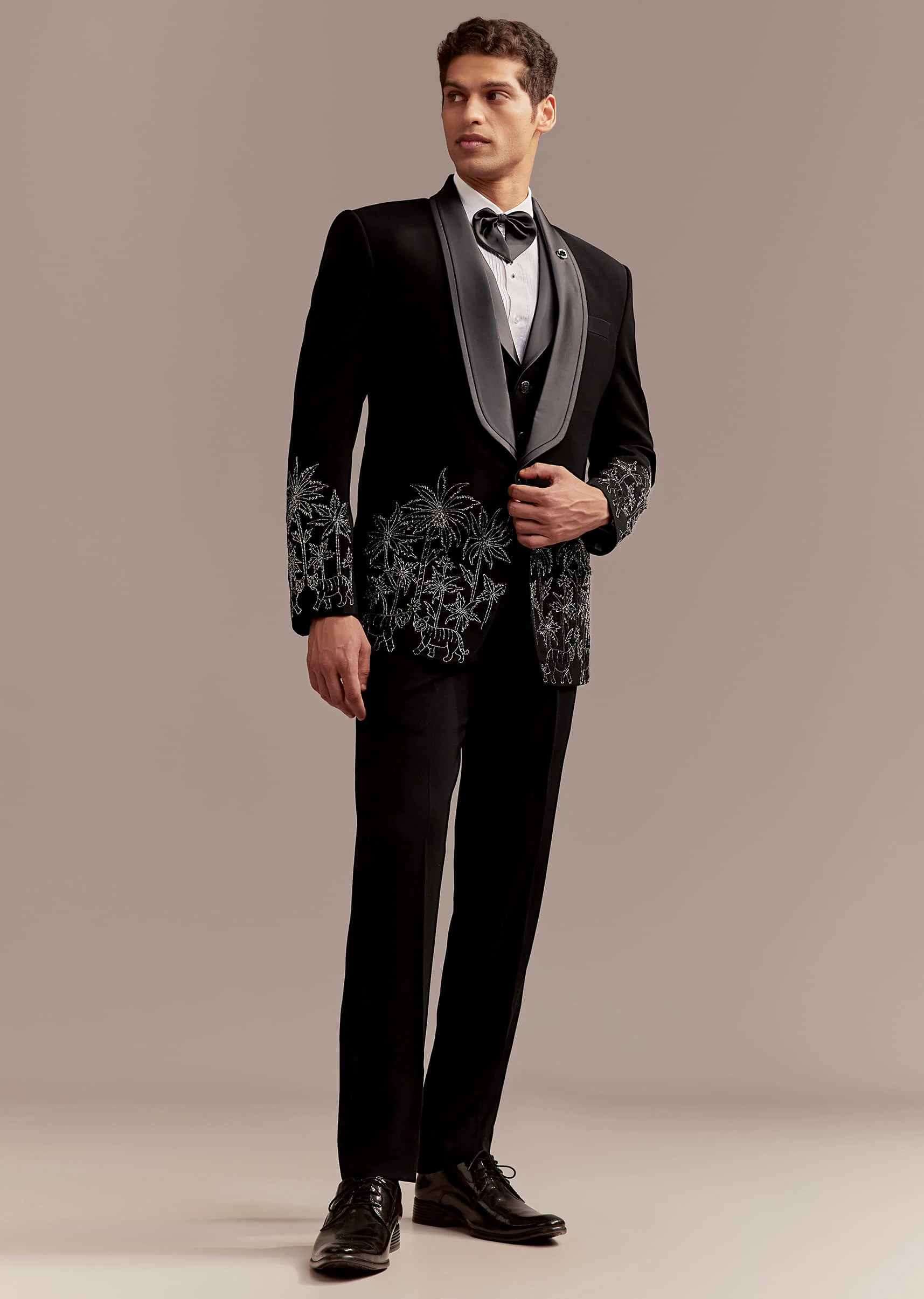 Black Tuxedo For Men With Silver Palm And Tiger Embroidery - Image 3