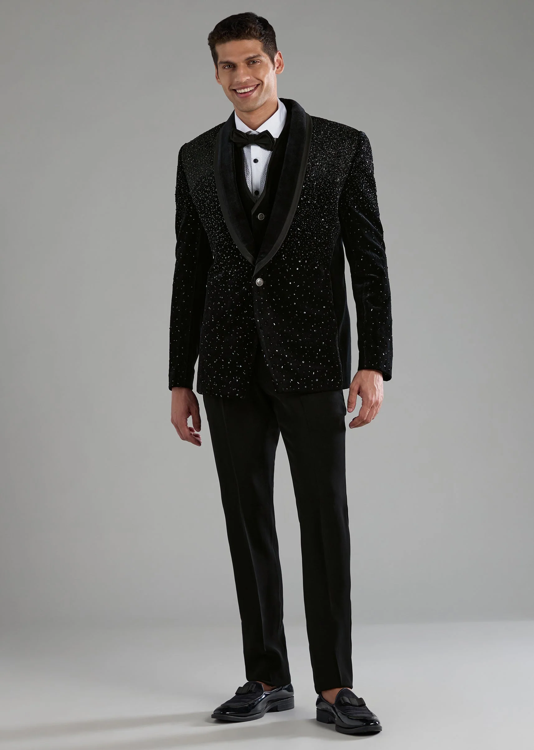 Black Velvet Embellished Tuxedo Set with Bow Tie - Image 4