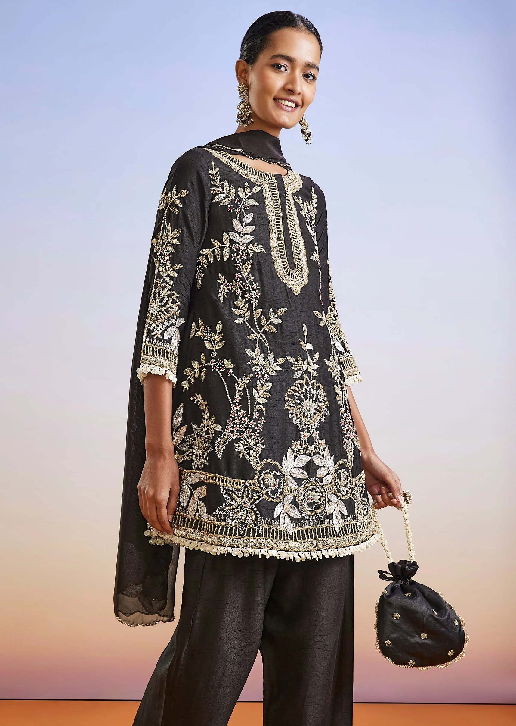 Black Zardosi Embroidered Silk Palazzo Suit With Dupatta - Image 4