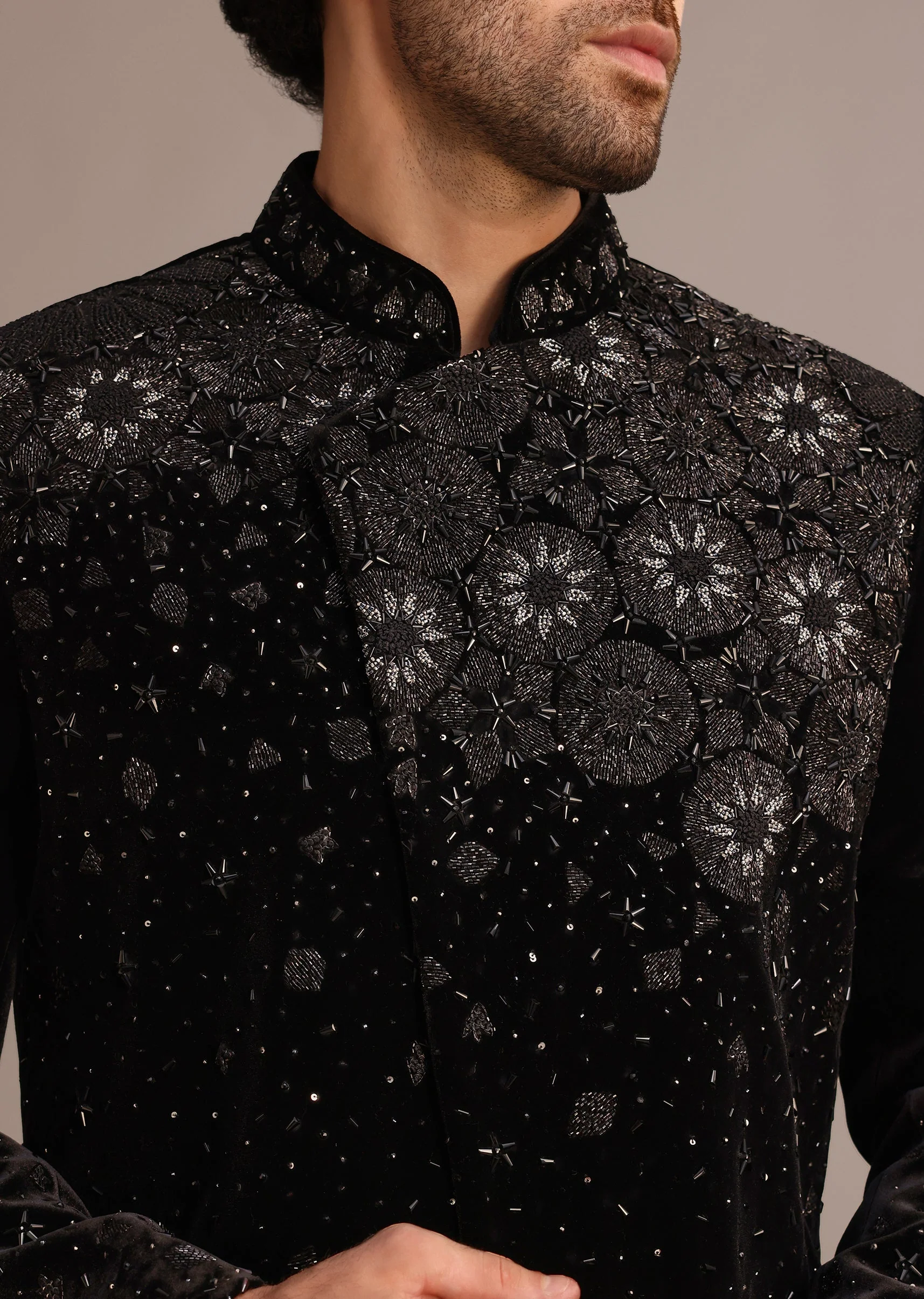 Black Zardozi Work Indo Western Set in Velvet - Image 2