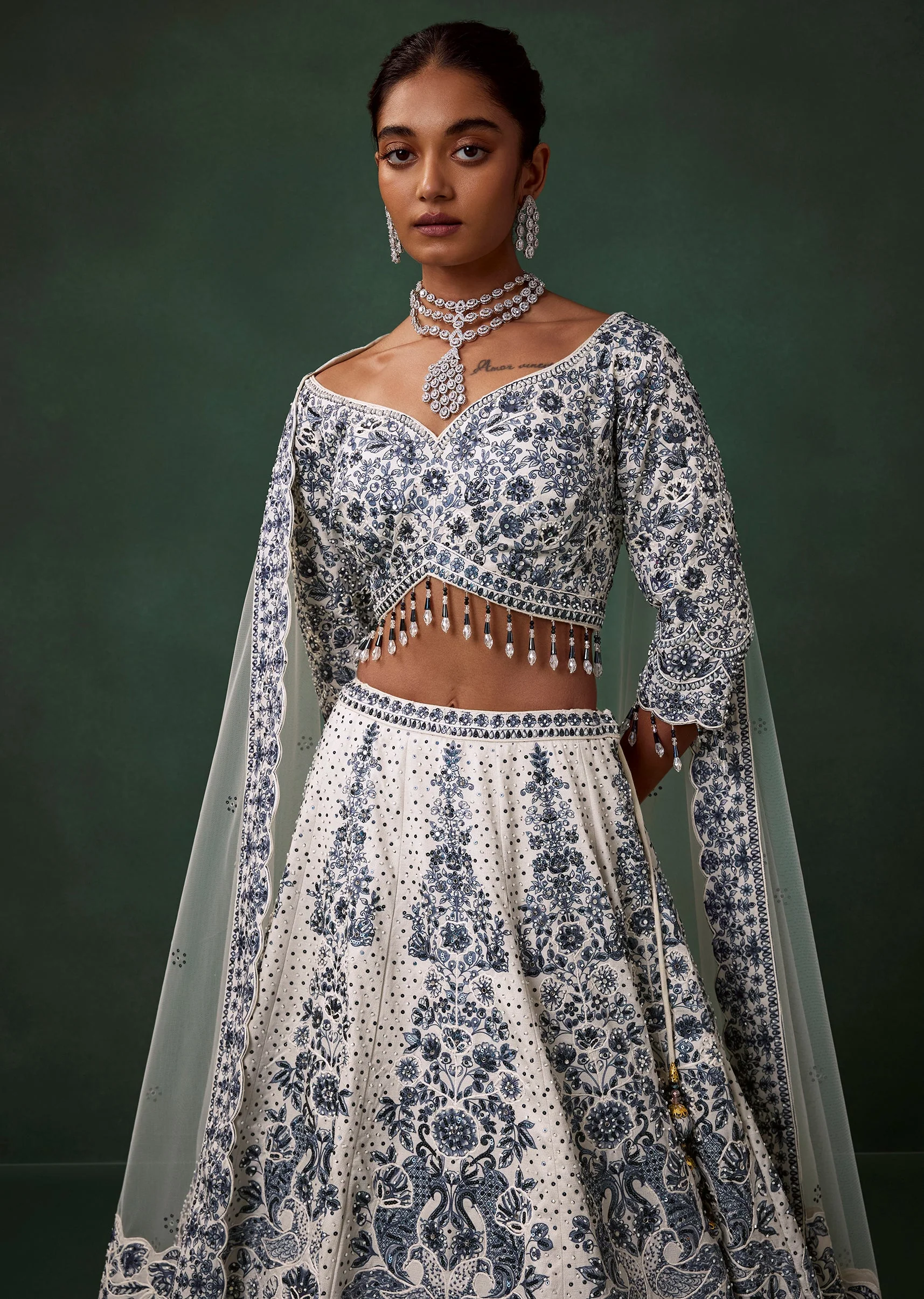 Blue and White Kali Bridal Georgette Lehenga Set with Heavy Embroidery - Image 5