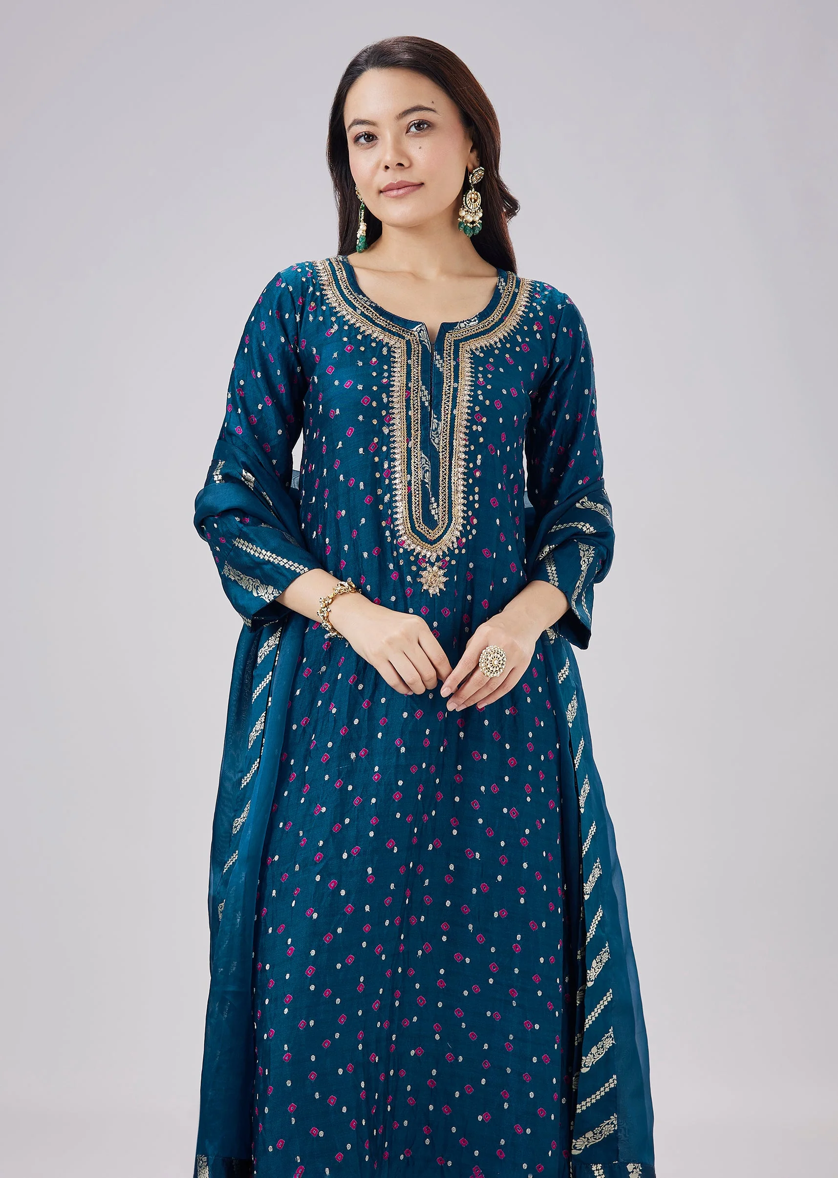 Blue Banarasi Bandhani Kurta Set With Dupatta - Image 4