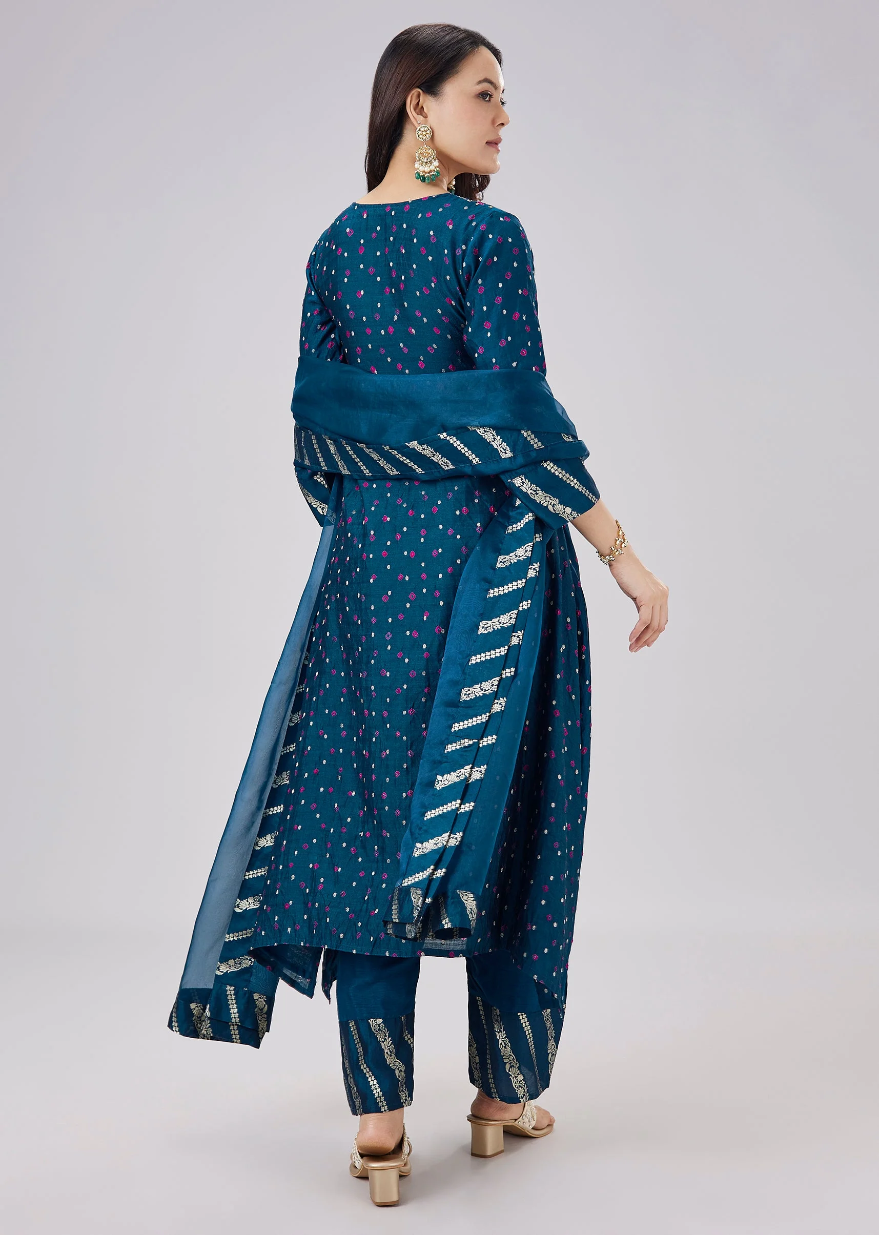 Blue Banarasi Bandhani Kurta Set With Dupatta - Image 5