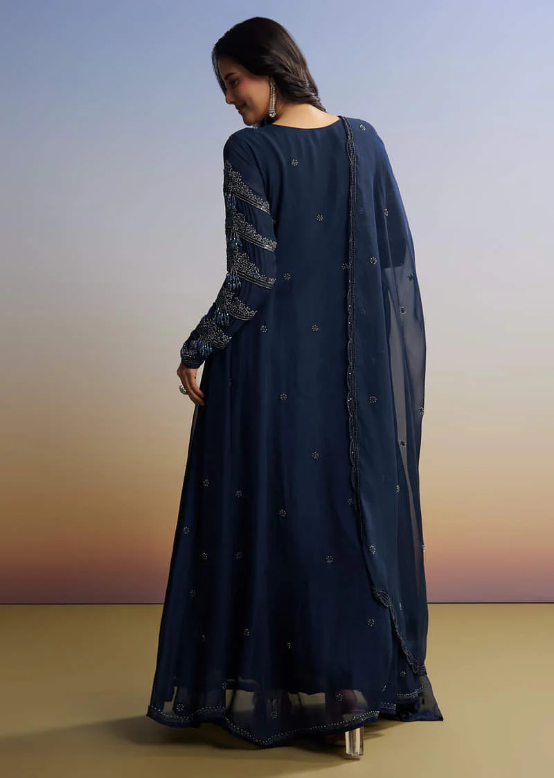 Blue Beaded Anarkali Set With Dupatta - Image 5