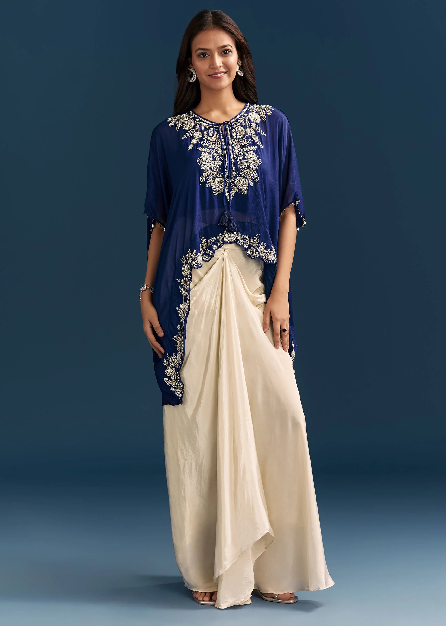 Blue Cape Crop Top Skirt Set With Embroidered Details